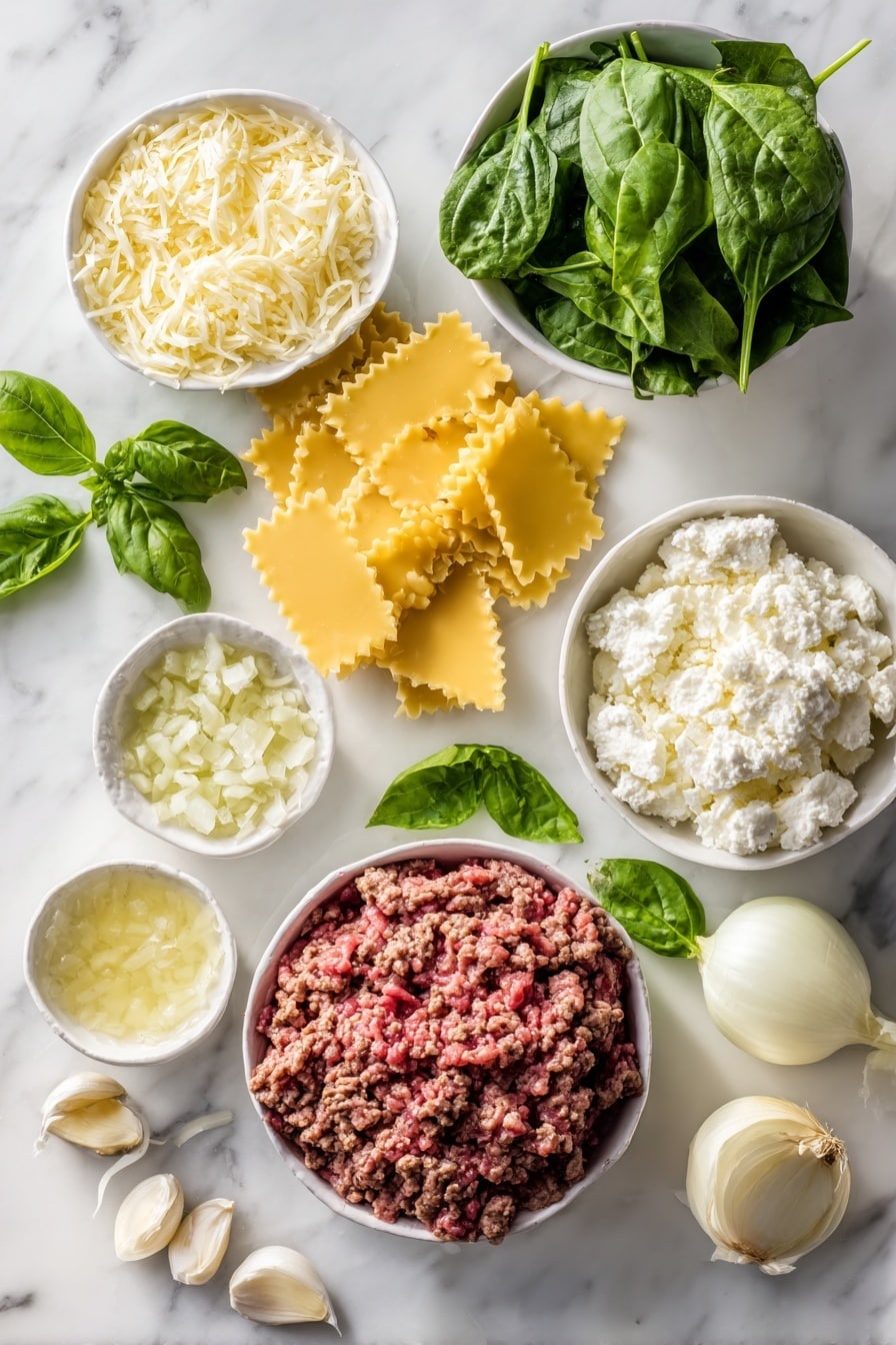 Flat lay of lean ground beef, finely diced yellow onion, minced garlic cloves, bright fresh spinach leaves, broken pieces of uncooked lasagna noodles, shredded mozzarella cheese, creamy cottage cheese, grated Parmesan cheese, and fresh basil leaves, all beautifully arranged on a white marble surface, photo taken with an iphone --ar 2:3 --v 7 - Crockpot Lasagna, easy slow cooker lasagna, hearty lasagna recipe, comfort food lasagna, no-boil lasagna in crockpot