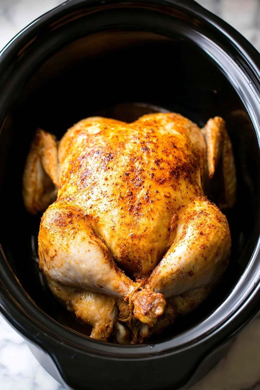 The image shows a whole cooked chicken with a golden brown and slightly crispy skin, seasoned with a light dusting of spices that create a pattern of darker and lighter spots. The chicken is placed inside a black slow cooker pot, which contrasts against the white marbled surface beneath it. The chicken's legs and wings are slightly spread out, and the skin looks smooth and moist. The overall look is warm and inviting, highlighting the cooked chicken as the main focus. photo taken with an iphone --ar 2:3 --v 7 - Slow Cooker Whole Chicken with Spiced Rub and Crispy Skin, easy slow cooker chicken, flavorful whole chicken recipe, crispy skin baked chicken, comforting healthy dinner
