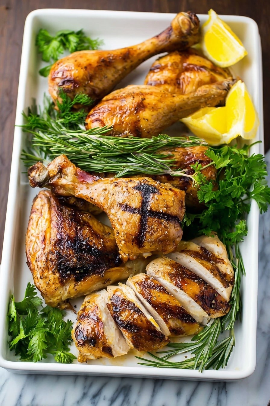 A white rectangular tray holds two cooked chicken legs at the top left, one wing at the bottom left, and several slices of golden-brown roasted chicken breast arranged in the center and right. The chicken skin is crispy with dark brown grill marks. Fresh green herbs like parsley and rosemary are placed around the chicken, adding contrast to the warm tones. There are also a few bright yellow lemon wedges on the top right corner. The tray is set on a white marbled surface. Photo taken with an iphone --ar 2:3 --v 7 - Slow Cooker Whole Chicken with Spiced Rub and Crispy Skin, easy slow cooker chicken, flavorful whole chicken recipe, crispy skin baked chicken, comforting healthy dinner