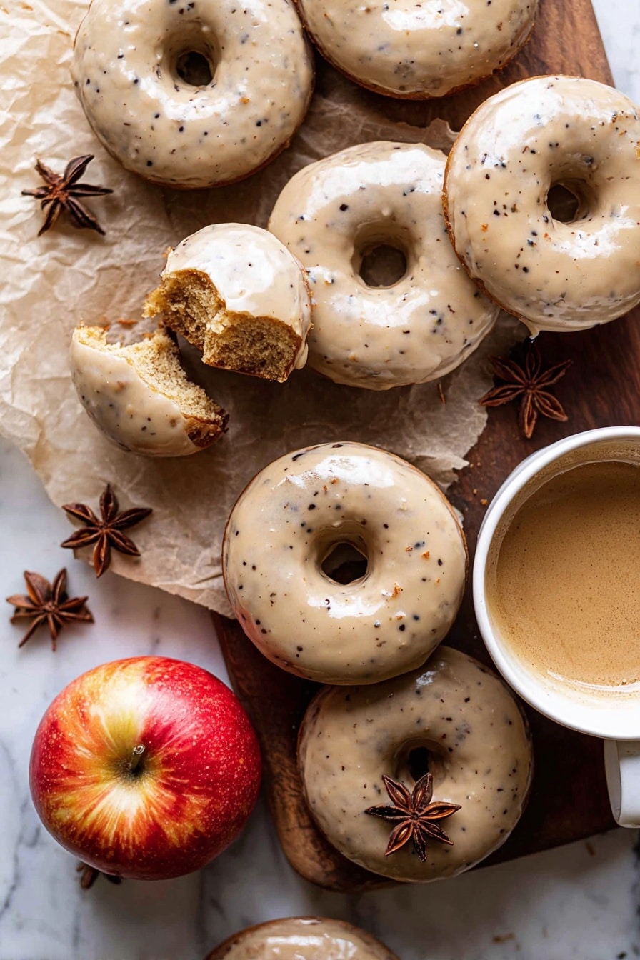 The image shows several round donuts with a light tan glaze that has small dark specks, arranged on a wooden board with some parchment paper. The donuts have a smooth, shiny top layer of glaze and a soft, spongy cake underneath that is a darker tan color. Some donuts are whole, while others are broken to show the crumbly inside texture with visible small chunks. Among the donuts is a red and yellow apple and a white ceramic cup filled with light brown coffee, garnished with two star anise pieces. The entire scene is set on a white marbled texture background. photo taken with an iphone --ar 2:3 --v 7 - Baked Apple Cider Doughnuts with Cinnamon Maple Glaze, baked apple cider doughnuts, fall cinnamon glazed doughnuts, homemade apple cider donuts, easy baked doughnut recipe