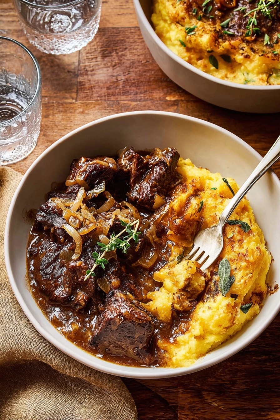A white bowl holds two main layers: on one side, dark brown chunks of slow-cooked meat with a glossy, thick brown sauce and caramelized onion pieces scattered on top, garnished with small sprigs of green thyme; on the other side, a golden yellow mashed or baked potato layer with crispy, slightly burnt edges and some green sage leaves mixed in. A silver fork rests on the potato side, partially digging into it. The bowl is placed on a wooden table, with a tan cloth napkin just beneath. Another white bowl with more of the golden potato layer is partially visible at the top right corner, and two clear glasses with water are in the upper left. The photo taken with an iphone --ar 2:3 --v 7 - Cider Braised Pot Roast with Crispy Sage Potatoes, pot roast with apple cider, slow cooker beef recipes, easy comfort food, savory potato side dishes