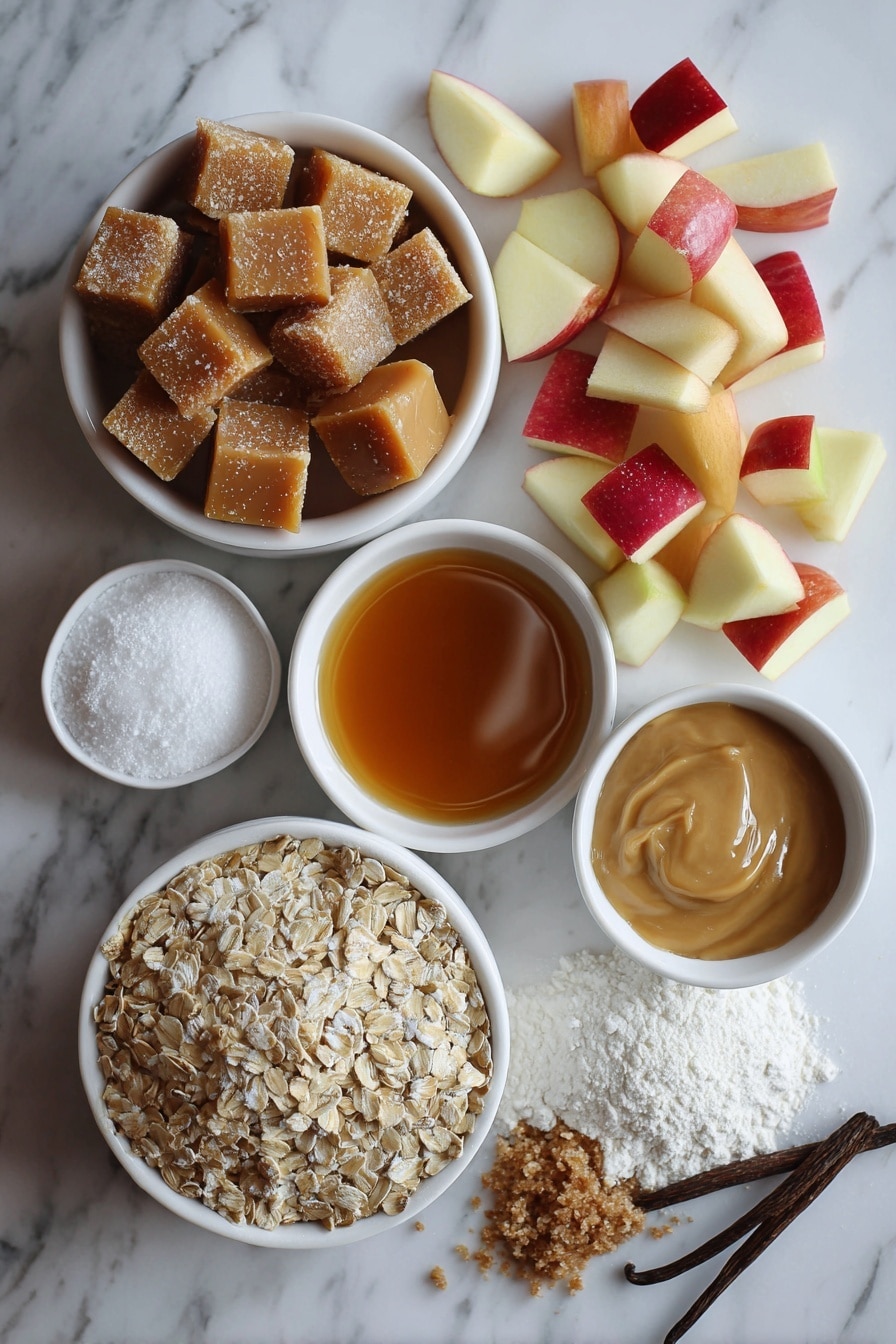 Flat lay of rich golden caramel chunks, glistening maple syrup, soft brown sugar crystals, fresh diced honeycrisp apple pieces with red and yellow skin, plump old fashioned oats, smooth vanilla beans, creamy browned butter with a warm amber hue, and a dusting of powdered sugar, all beautifully arranged on a white marble surface, photo taken with an iphone --ar 2:3 --v 7 - Iced Apple Cider Caramel Oatmeal Cookies, apple cider oatmeal cookies, caramel apple cookies, autumn oatmeal cookies, chewy apple cookies