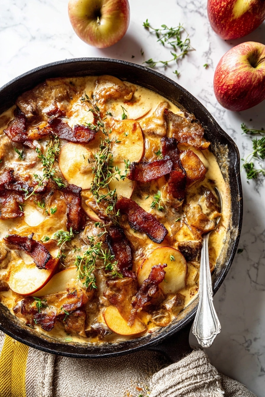 A black cast iron pan filled with a rich layered dish starting with golden brown cooked meat pieces, topped unevenly with light golden creamy sauce with a slightly thick texture, scattered with soft cooked apple slices showing pale yellow skin and light brown edges, and crunchy dark red-brown crispy bacon strips placed on top. Fresh green herb sprigs are garnished on the dish. The pan sits on a white marbled surface, near two whole apples and a textured beige cloth with a yellow stripe. A silver spoon rests inside the pan near the edge. Photo taken with an iphone --ar 2:3 --v 7 - Apple Cider Smothered Chicken, apple cider chicken recipe, cozy chicken dinner, fall chicken recipes, easy weeknight chicken