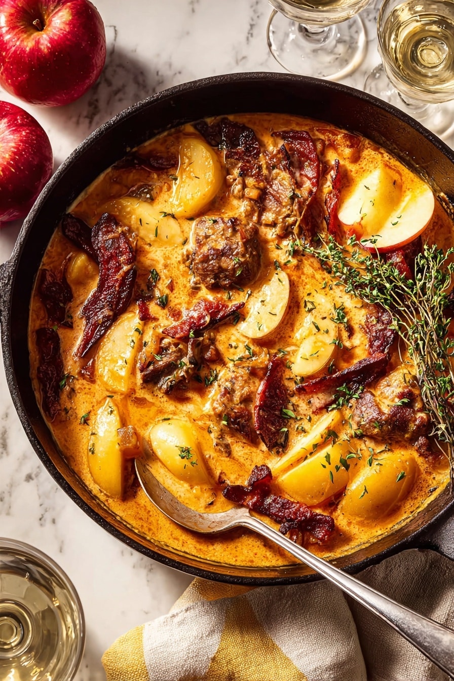 A black cast iron pan holds a rich, creamy orange sauce layered with golden-brown cooked pieces of meat and soft, light yellow apple slices. Crispy, dark reddish-brown strips are scattered on top, adding texture. Small green fresh herb sprigs rest on the dish, providing contrast. A metal spoon with a long handle is placed inside the pan, partially submerged in the sauce. The pan sits on a white marbled surface with a bright red apple and green herb sprigs nearby, alongside two glasses casting light reflections. A beige cloth with a yellow stripe is partly visible at the bottom edge of the image. Photo taken with an iphone --ar 2:3 --v 7 - Apple Cider Smothered Chicken, apple cider chicken recipe, cozy chicken dinner, fall chicken recipes, easy weeknight chicken