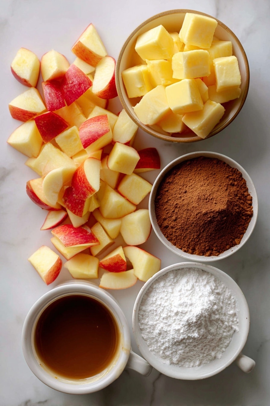 Flat lay of vibrant chopped honeycrisp apples, golden melted butter glistening, warm cinnamon and granulated sugar mix, rich apple butter, smooth vanilla extract, delicate powdered sugar dusted lightly over the scene, and a small mound of instant coffee powder for subtle depth, all beautifully arranged in harmony on a white marble surface, photo taken with an iphone --ar 2:3 --v 7 - Shortcut Easy Apple Fritters, quick apple fritters, easy apple dessert, fall apple treats, flaky puff pastry apple snacks