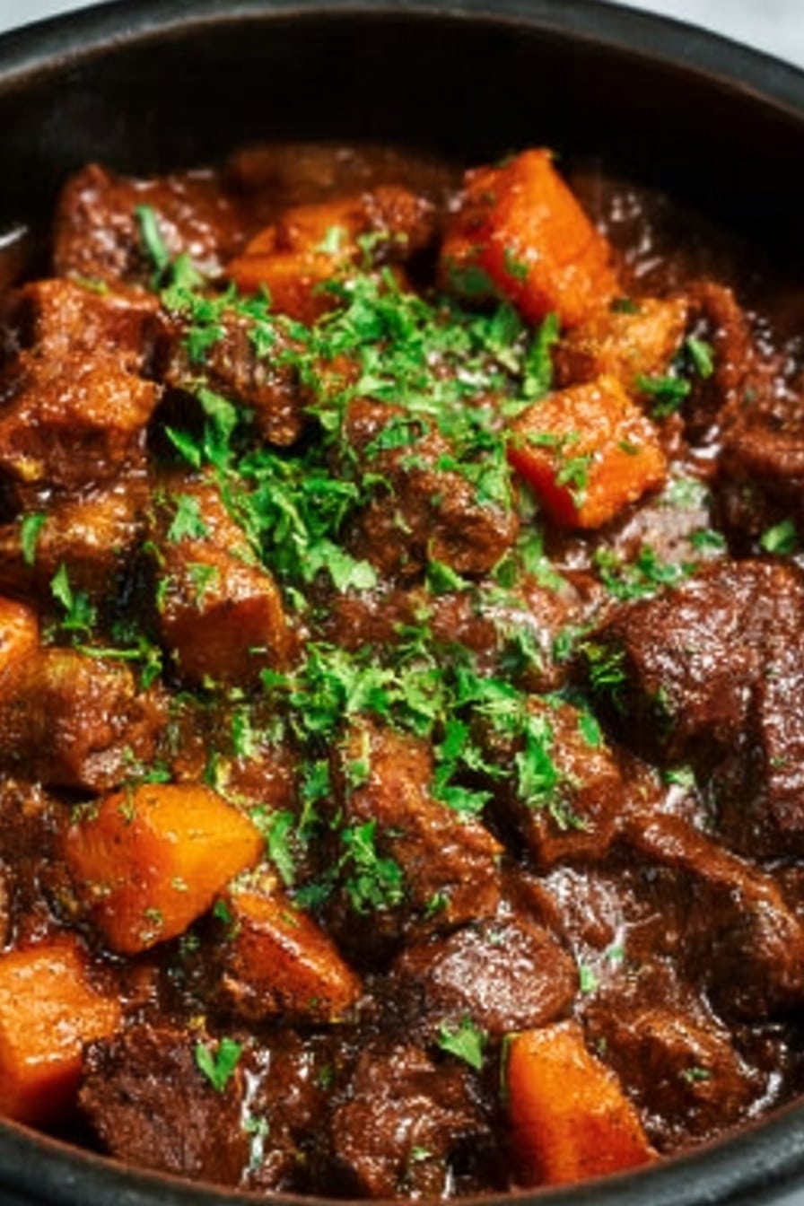 The image shows two white bowls filled with a layered dish. The bottom layer is smooth, creamy mashed potatoes, colored pale yellow. On top of the mashed potatoes, a thick stew with dark brown and reddish hues covers the surface, consisting of chunky pieces of tender meat, orange carrot slices, and small light brown potato cubes. Green chopped parsley is sprinkled over the stew, adding a fresh bright green contrast. A silver spoon rests inside the front bowl, with its handle pointing outward. The bowls sit on a white marbled surface with a white cloth nearby. photo taken with an iphone --ar 2:3 --v 7 - Slow Cooker Beef Stew with Rich Gravy, hearty beef stew recipe, easy slow cooker beef dish, comforting beef stew with gravy, flavorful beef stew dinner