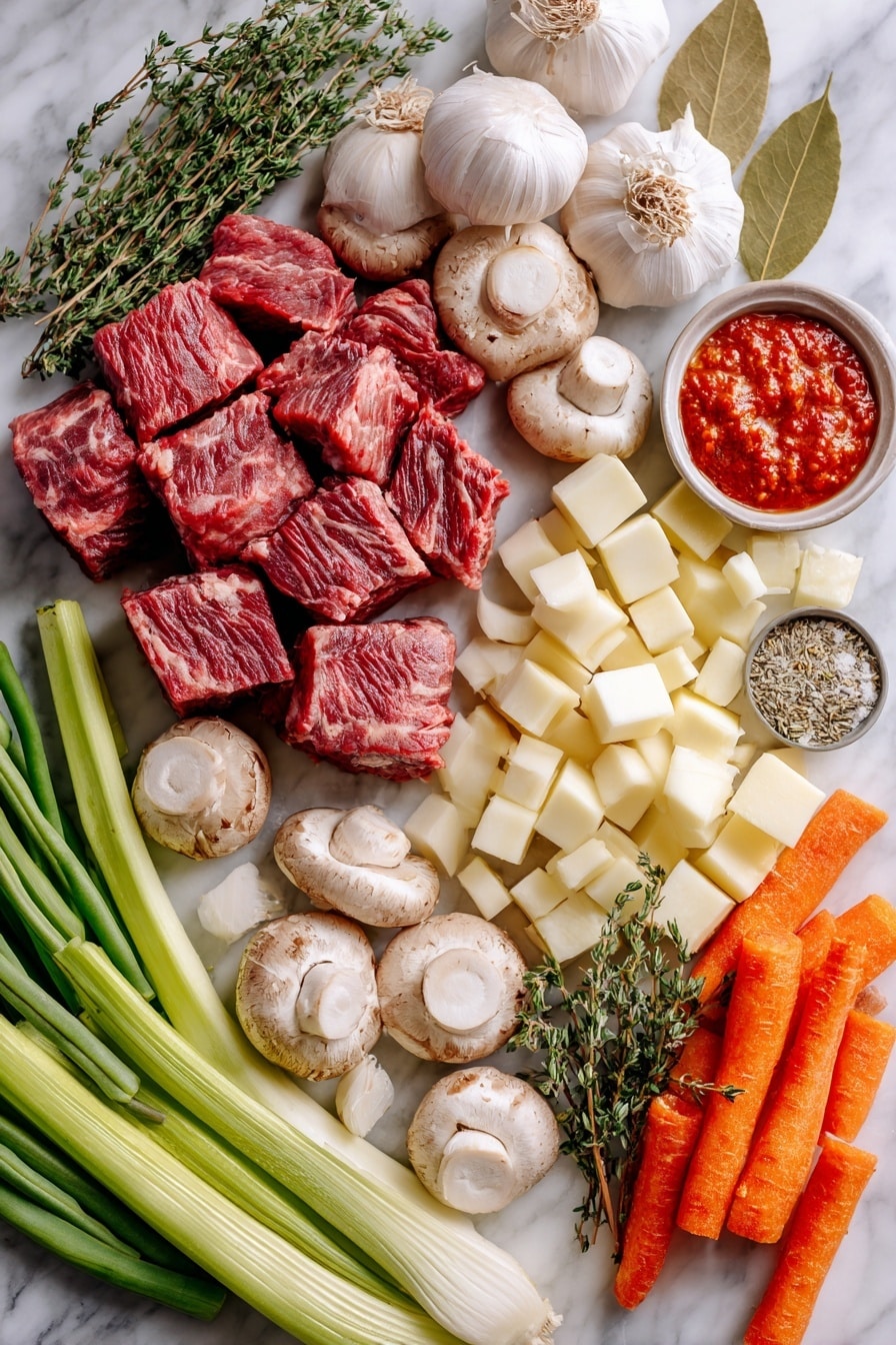 Flat lay of cubed beef chuck roast, whole quartered mushrooms, peeled and cubed celery root, peeled pearl onions, sliced celery ribs, roll-cut carrots, sliced garlic cloves, and a small dollop of rich tomato paste, all beautifully arranged in neat clusters with a few scattered dried thyme leaves and a single bay leaf, placed on a white marble surface, photo taken with an iphone --ar 2:3 --v 7 - Keto Beef Stew, low-carb beef stew, keto-friendly stew recipe, hearty keto stew, low-carb comfort food
