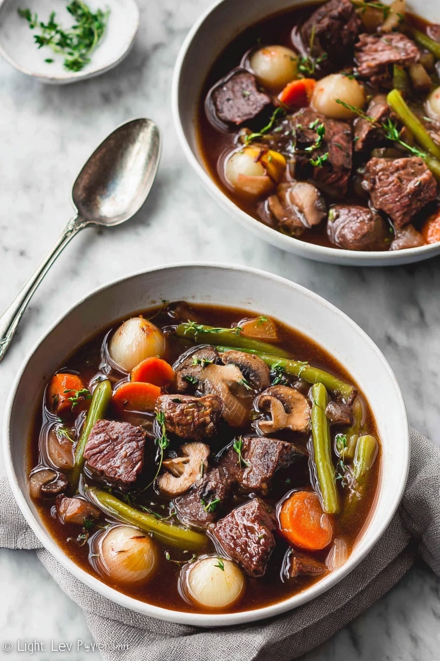 Two white shallow bowls sit on a white marbled surface, each filled with a rich beef stew. The stew shows large, chunky pieces of deep brown beef mixed with round pearl onions, green celery sticks, sliced mushrooms, orange carrot chunks, and green beans all soaked in a dark brown broth. Small green herb sprigs lie on top for garnish. A shiny silver spoon rests near the bowls on a light gray cloth. The whole scene is softly lit, showing steam rising from the hot stew. photo taken with an iphone --ar 2:3 --v 7 - Keto Beef Stew, low-carb beef stew, keto-friendly stew recipe, hearty keto stew, low-carb comfort food