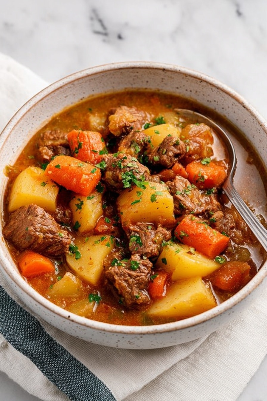 A white speckled bowl filled with thick beef stew, showing three layers: large chunks of brown beef, soft yellow potatoes, and bright orange carrots, all mixed in a rich brown gravy. Small green herbs are sprinkled on top, adding a fresh touch. A silver spoon rests on the right side inside the bowl. The bowl sits on a white marbled surface with a folded white and blue cloth partially under it. Photo taken with an iphone --ar 2:3 --v 7 - Hearty Oven-Braised Lamb Stew with Vegetables, Lamb stew recipe, comforting lamb dishes, slow-braised lamb, vegetable stew recipes