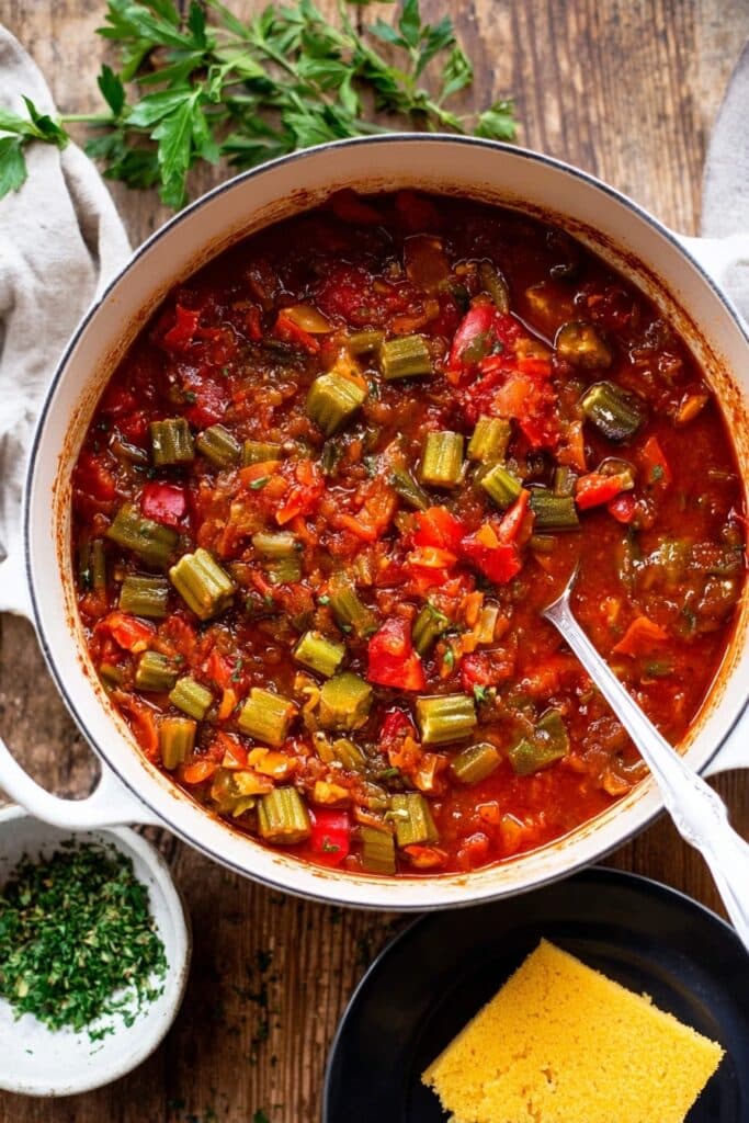 Stewed Okra and Tomatoes with Bacon and Fresh Herbs Recipe