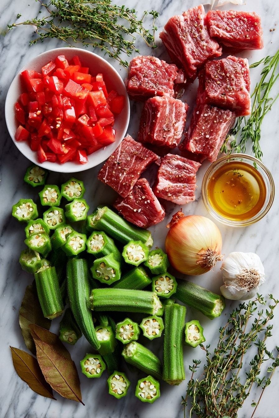 Flat lay of fresh okra pods sliced into rounds, bright red diced tomatoes with juicy seeds visible, thick-cut raw bacon strips with marbled fat, a small shiny Vidalia onion whole and halved to show the layers, garlic cloves peeled and unpeeled, sprigs of fresh green thyme leaves, a dried bay leaf with its textured surface, and a small bowl of golden apple cider vinegar droplets, placed on a white marble surface, photo taken with an iphone --ar 2:3 --v 7 - Stewed Okra and Tomatoes with Bacon and Fresh Herbs, okra and tomato stew, southern okra recipes, bacon vegetable dishes, fresh herb vegetable recipes