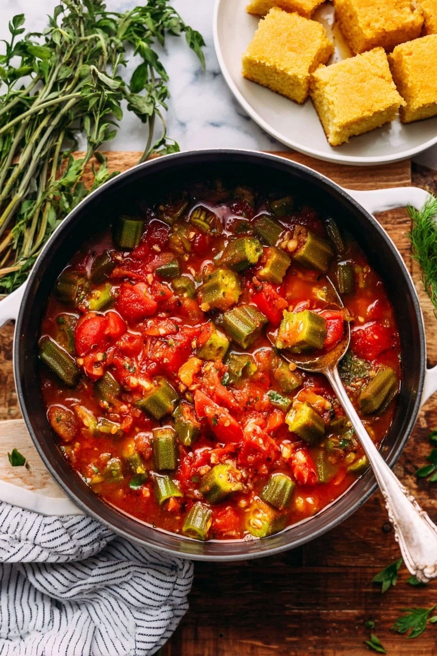 The image shows a round black pot filled with a thick stew made of red tomatoes and bright green okra pieces, with bits of onion and spices visible in the red broth. The stew has a varied texture with chunky seeds and soft vegetables. A silver spoon is dipping into the stew from the right side. The pot sits on a wooden surface with sprigs of green herbs nearby, a white striped cloth on the left, and a white plate holding golden square cornbread pieces to the upper right. The background surface is a white marbled texture. Photo taken with an iphone --ar 2:3 --v 7 - Stewed Okra and Tomatoes with Bacon and Fresh Herbs, okra and tomato stew, southern okra recipes, bacon vegetable dishes, fresh herb vegetable recipes