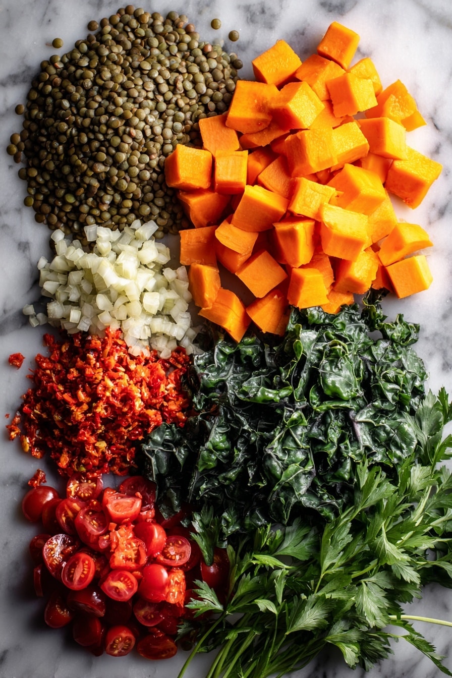 Flat lay of green lentils soaked with lemon juice, diced butternut squash, bright orange carrot cubes, deep green cavolo nero leaves, quartered red cherry tomatoes, finely chopped red chilli, fresh garlic cloves, sprigs of flat-leaf parsley and coriander with stalks, all beautifully arranged and vibrantly colored, placed on a white marble surface, photo taken with an iphone --ar 2:3 --v 7 - Lamb, Lentil and Squash Stew, hearty lamb lentil squash stew, comforting lamb stew with lentils and squash, flavorful lamb and vegetable stew, nourishing stew recipes