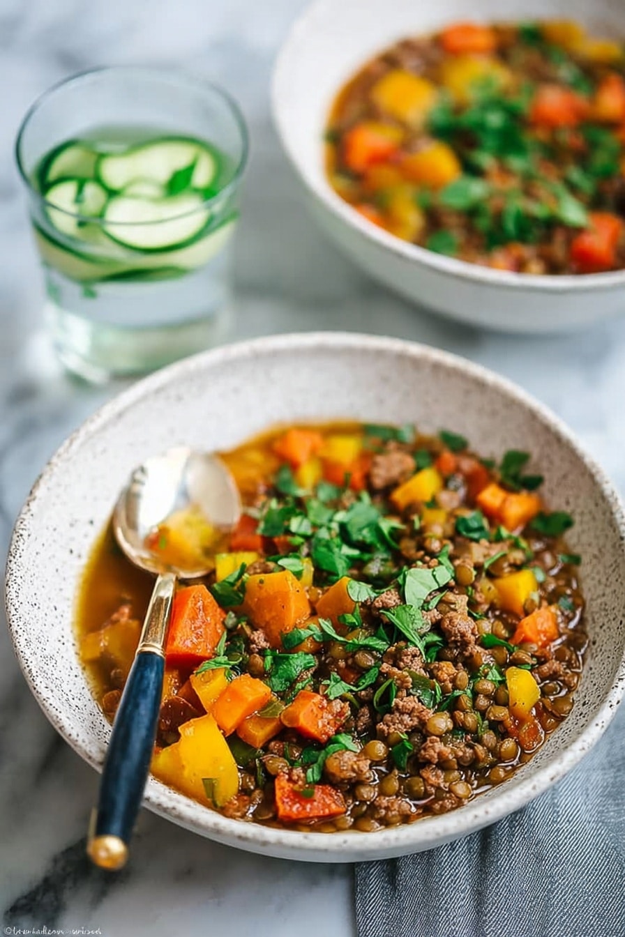 This image shows a white speckled bowl filled with a hearty stew. The stew has several layers including a base layer of brown lentils and small ground meat pieces mixed with orange and yellow chunks of vegetables like carrots and squash. On top, there are fresh green chopped herbs scattered all over, adding a bright color contrast. A spoon with a dark handle and gold accent rests inside the bowl. In the blurred background, another white bowl with a similar stew and two clear glasses filled with water and cucumber slices sit on a white marbled surface. The photo taken with an iphone --ar 2:3 --v 7 - Lamb, Lentil and Squash Stew, hearty lamb lentil squash stew, comforting lamb stew with lentils and squash, flavorful lamb and vegetable stew, nourishing stew recipes