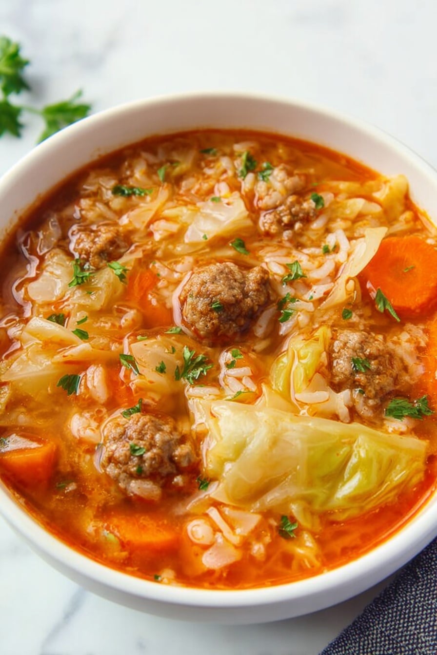 The image shows a round white pot filled with a thick stew made of multiple layers. The bottom layer is a rich, red-orange tomato broth with a glossy texture, swirling around pieces of light brown cooked ground meat. Mixed in are chopped light green cabbage leaves and soft pieces of orange carrot, creating a varied texture and color contrast. Small sprigs of bright green parsley are sprinkled on top for garnish. The pot rests on a white marbled surface with some fresh parsley sprigs nearby and a blue striped cloth partially visible in the top left corner. photo taken with an iphone --ar 2:3 --v 7 - Cabbage Roll Soup, hearty cabbage roll soup, easy cabbage soup recipe, family-friendly cabbage soup, comforting cabbage roll dish