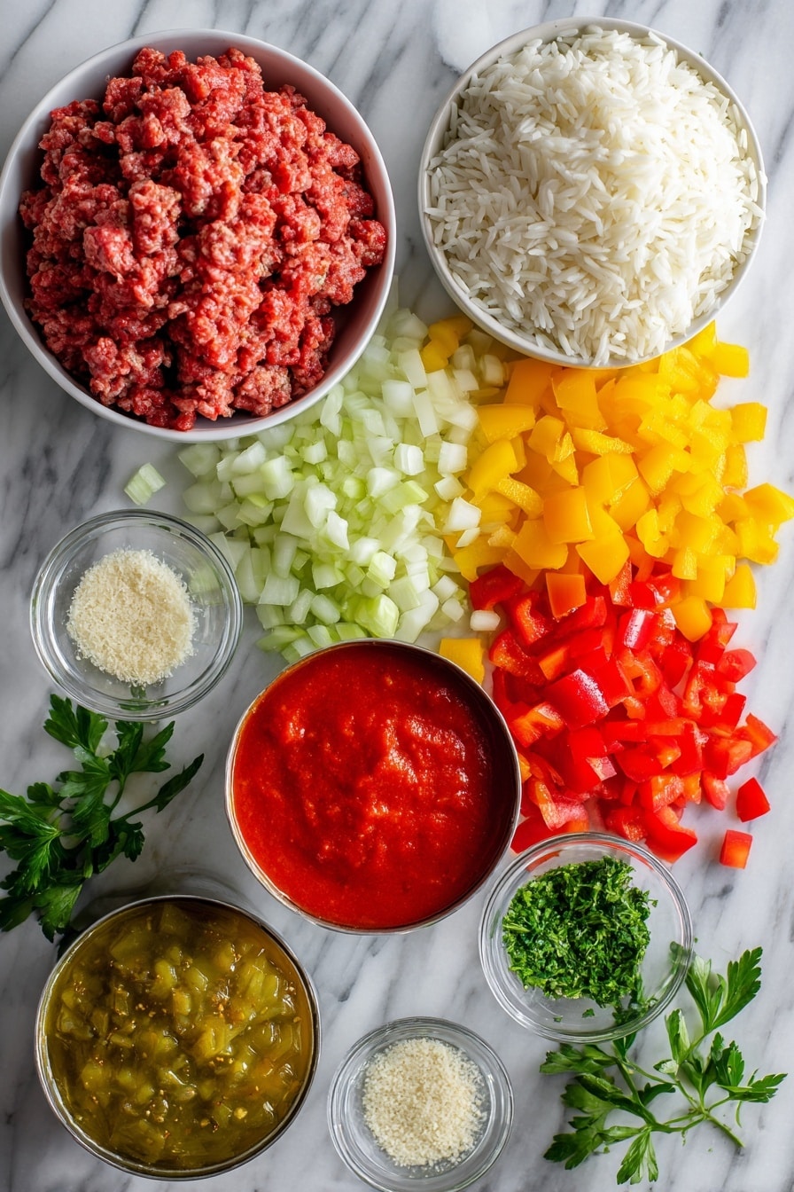 Flat lay of vibrant red, yellow, and green diced bell peppers, a pile of diced white onion, raw ground beef formed into a loose mound, fluffy cooked white rice, a bright can of petite diced tomatoes, a rich can of smooth tomato sauce, fresh green parsley sprigs, and a small heap of granulated garlic powder, all beautifully arranged with contrasting colors and textures, placed on a white marble surface, photo taken with an iphone --ar 2:3 --v 7 - Slow Cooker Stuffed Pepper Soup, stuffed pepper soup recipe, easy slow cooker soup, hearty stuffed pepper dish, comforting dinner ideas