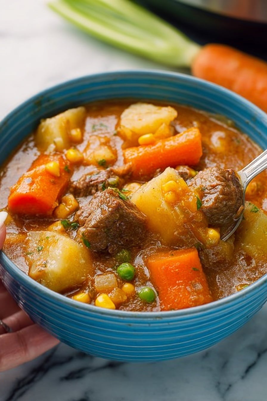 A close-up of a blue bowl filled with thick stew sitting on a white marbled surface. The stew has several layers including large orange carrot slices, light yellow potato chunks, green peas, yellow corn kernels, and chunks of browned beef, all mixed in a rich brown broth. A silver spoon rests inside the bowl, held by a woman's hand, with the stew slightly overflowing near the spoon. The background shows a blurry vegetable and a pan. Photo taken with an iphone --ar 2:3 --v 7 - Pressure Cooker Beef Stew, easy beef stew, quick beef stew recipes, hearty beef stew, tender beef stew recipe