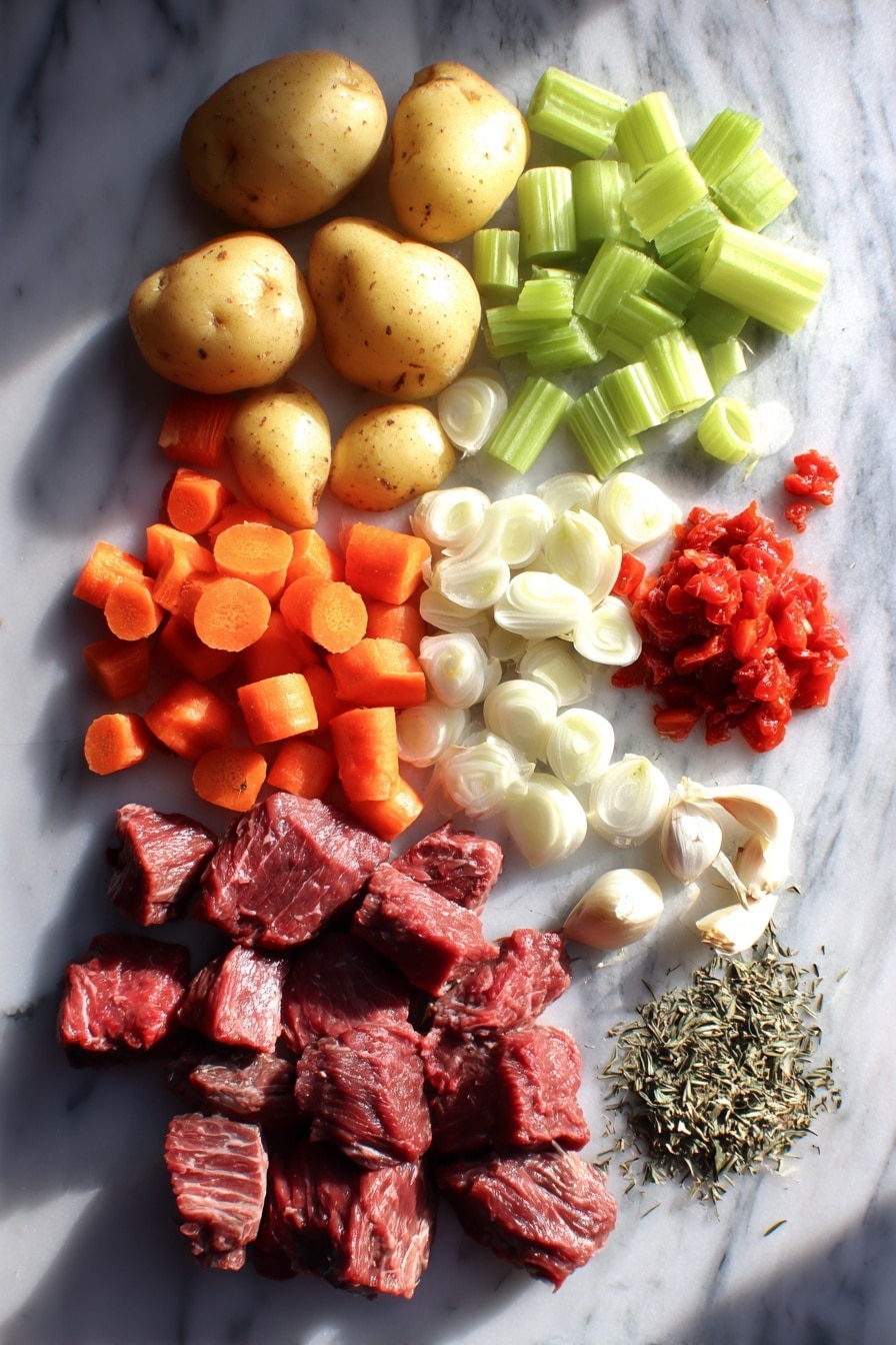 Flat lay of tender venison stew meat chunks, quartered baby gold potatoes, diced bright orange carrots, fresh green celery stalks, chopped white onion pieces, peeled garlic cloves, a small pile of mixed dried Herbs de Provence, and a handful of drained diced red tomatoes, all carefully arranged in an appealing pattern with natural lighting highlighting the fresh textures, placed on a white marble surface, photo taken with an iphone --ar 2:3 --v 7 - Slow Cooker Venison Stew, hearty venison stew, thick and hearty beef stew, savory slow cooker recipes, comforting venison dinner