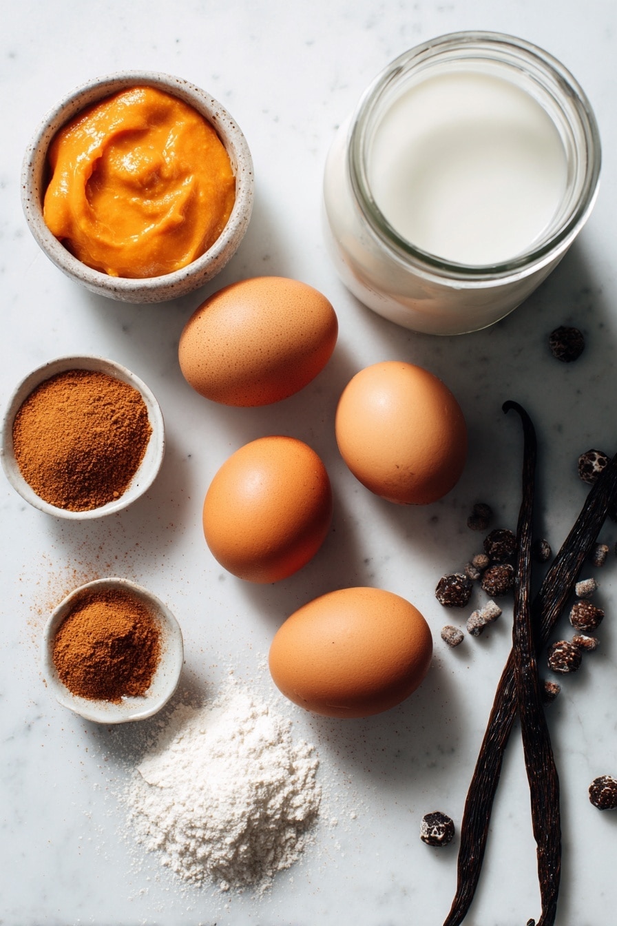 Flat lay of bright orange pumpkin puree dollops, glossy dark brown sugar crystals, smooth whole eggs with light brown shells, a small heap of warm cinnamon powder, a pinch of nutmeg in a tiny pile, a glass jar of creamy whole milk, and a vanilla bean pod arranged beautifully on a white marble surface, photo taken with an iphone --ar 2:3 --v 7 - Creamy Pumpkin Egg Custard, Pumpkin Egg Custard, Pumpkin Custard Dessert, Easy Pumpkin Custard, Velvety Pumpkin Pudding