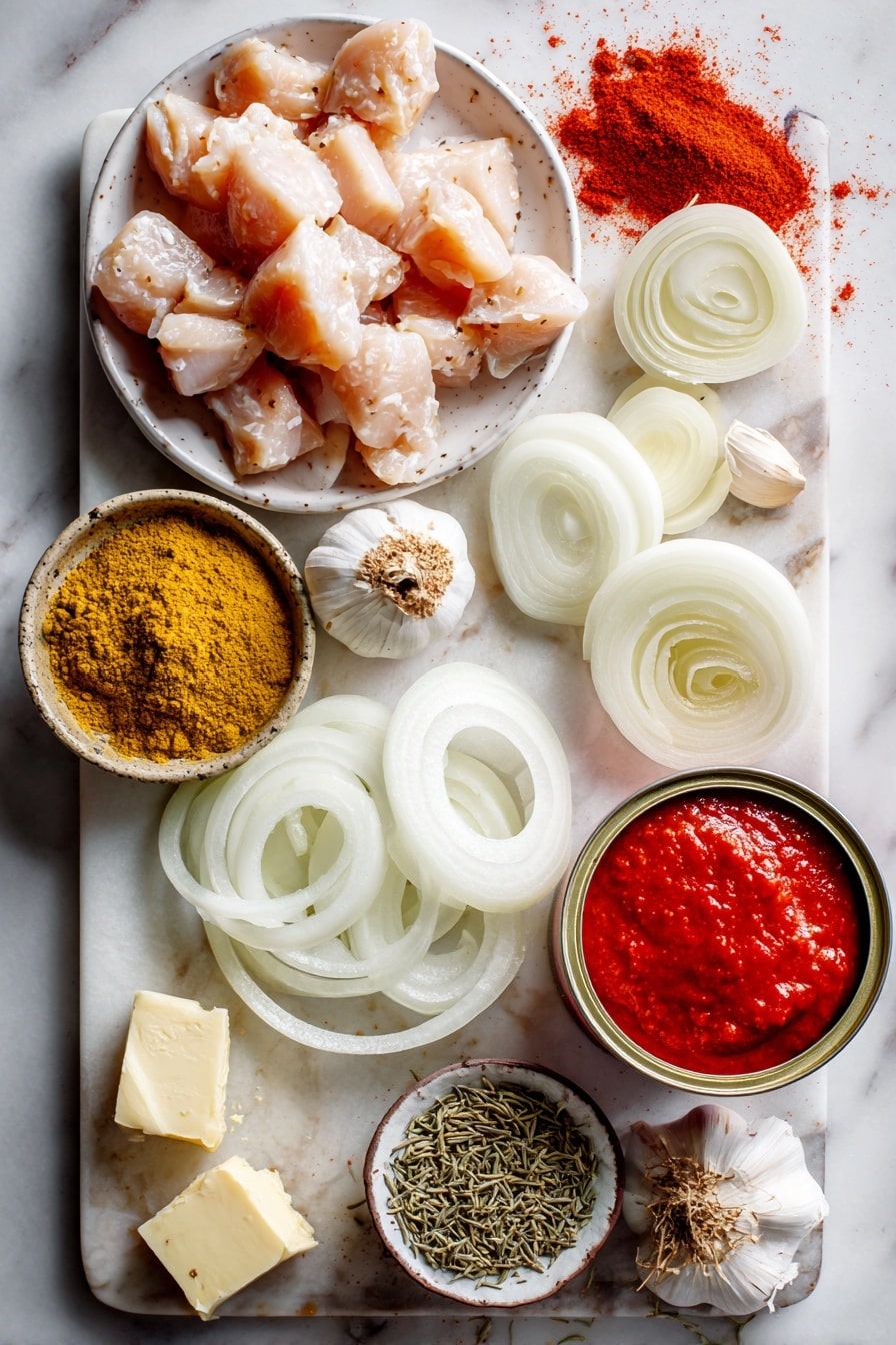 Flat lay of boneless chicken breast cubes, a small mound of tandoori masala powder, fresh ginger root, garlic cloves, thick yogurt, golden ghee blocks, thinly sliced white onion rings, a can of crushed tomatoes spilling some vibrant red sauce, and dried fenugreek leaves sprinkled delicately, all beautifully arranged on a white marble surface, photo taken with an iphone --ar 2:3 --v 7 - Finger Lickin' Butter Chicken Murgh Makhani, Indian Butter Chicken Recipe, Easy Butter Chicken Dinner, Creamy Tandoori Chicken, Authentic Indian Chicken Curry