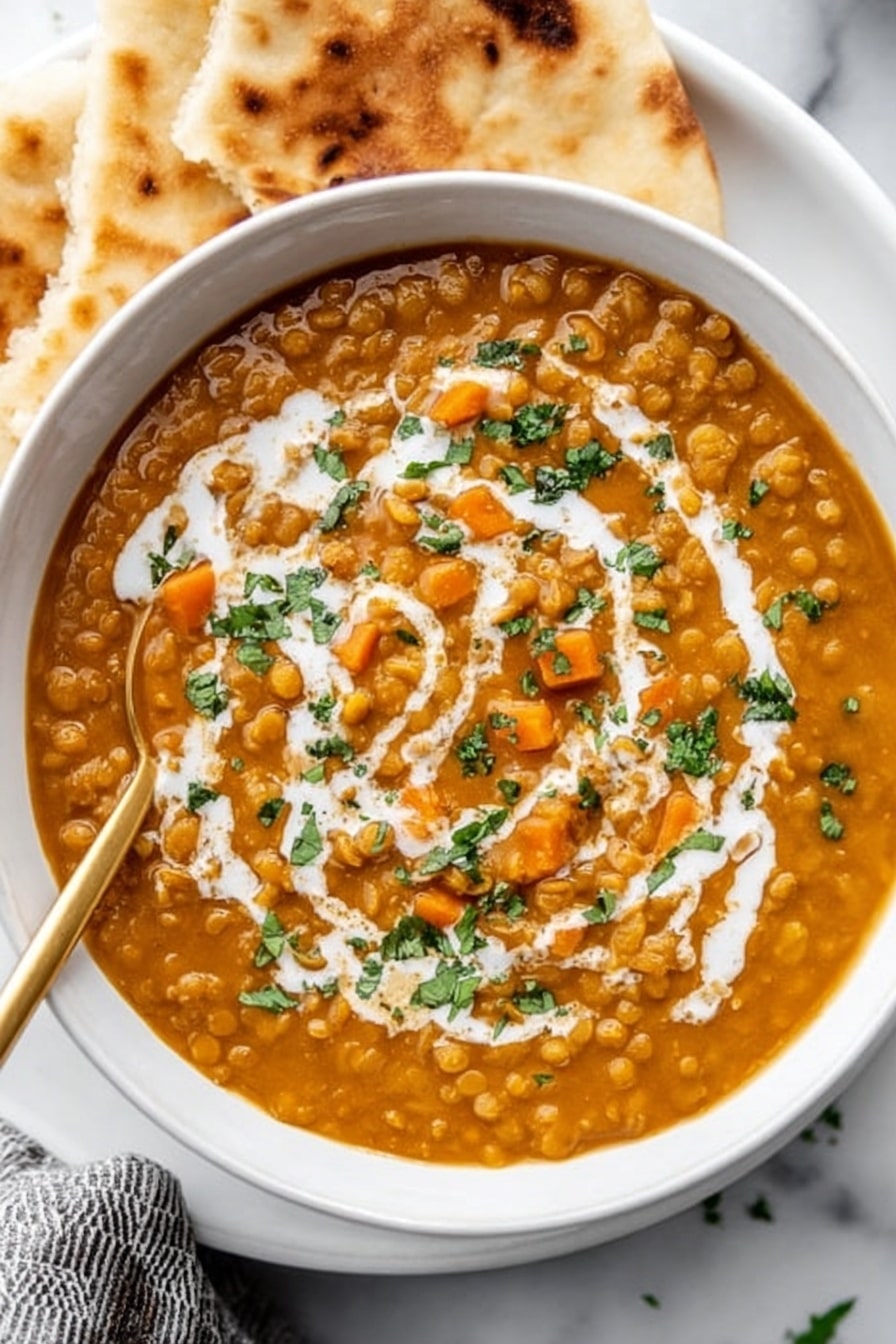 A white bowl filled with thick, orange-brown lentil soup topped with swirls of white cream and chopped green herbs scattered over the surface. There are visible pieces of orange carrot and lentils in the soup, creating a textured, hearty look. A gold spoon is placed inside the bowl on the left side, and two pieces of flatbread rest behind the bowl on a white plate, all set on a white marbled surface. photo taken with an iphone --ar 2:3 --v 7 - Vegan Curried Pumpkin Lentil Soup, vegan pumpkin soup, plant-based lentil soup, dairy-free pumpkin lentil stew, healthy vegan soup