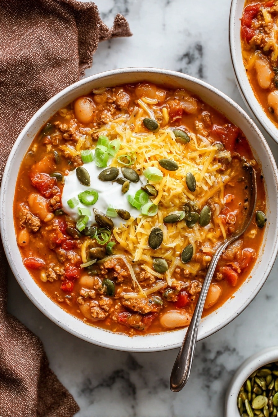The image shows a white bowl filled with thick chili soup made of orange and red tomato pieces, white beans, and ground meat chunks in a rich, red-orange sauce. On the top, there is a creamy white layer of sour cream, sprinkled with shredded yellow cheese, bright green sliced scallions, and dark green pumpkin seeds scattered across. A silver spoon is placed inside the bowl on the right side. The bowl sits on a white marbled surface with a brown cloth napkin in the lower-left corner and a small white bowl with green pumpkin seeds in the bottom right corner. Photo taken with an iphone --ar 2:3 --v 7 - Turkey Pumpkin Chili, hearty fall chili, healthy pumpkin chili, easy turkey chili recipe, cozy comfort food