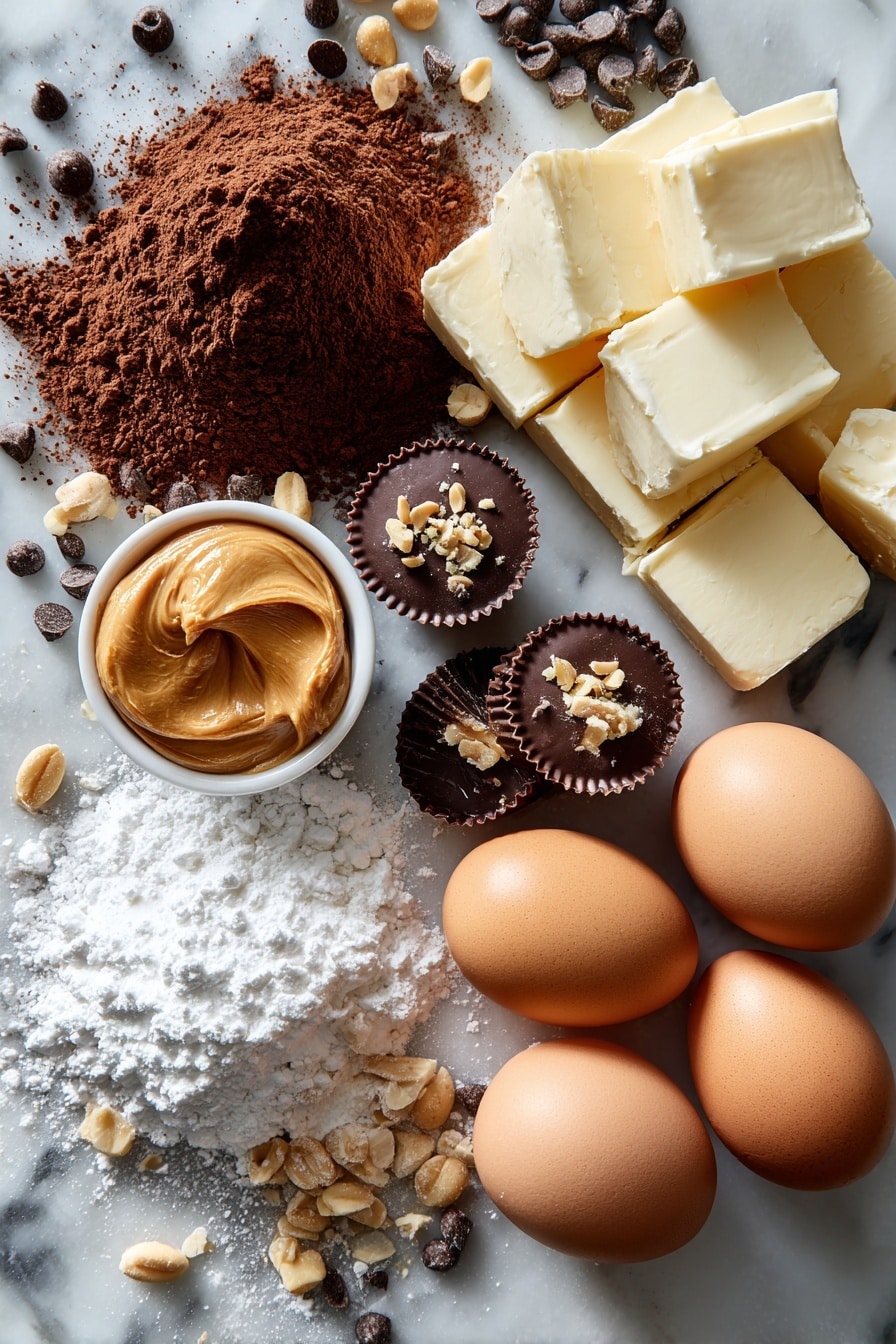 Flat lay of rich unsweetened cocoa powder, smooth peanut butter spread in a small dollop, glossy semi-sweet chocolate chips, halved miniature Reece’s Peanut Butter Cups showing their creamy centers, finely chopped salted peanuts scattered lightly, softened unsalted butter blocks, fluffy white powdered sugar dusted gently around, and whole large brown eggs, all beautifully arranged with natural shadows, placed on a white marble surface, photo taken with an iphone --ar 2:3 --v 7 - Chocolate Peanut Butter Cake for a Crowd, easy crowd-pleasing cake, large batch chocolate peanut butter dessert, no-fuss party cake, rich chocolate peanut butter cake