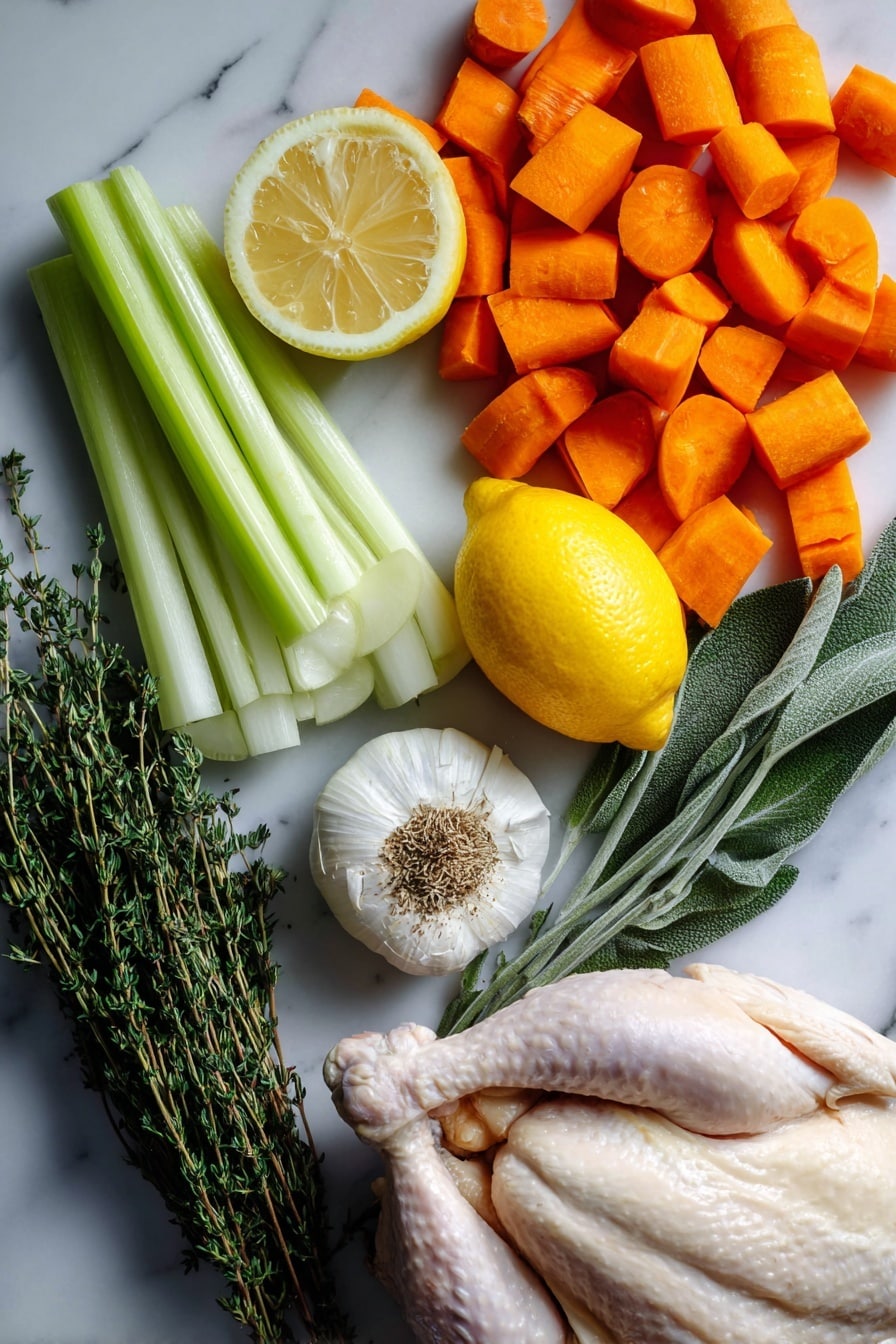 Flat lay of vibrant carrot chunks, crisp celery stalks, wedges of white onion, half a bright yellow lemon, a bulb of garlic with a few cloves separated, fresh sprigs of sage, thyme, and rosemary, and a small pile of dried marjoram, all beautifully arranged on a white marble surface, photo taken with an iphone --ar 2:3 --v 7 - Slow Roasted Whole Chicken with Herbs and Vegetables, roasted chicken, herb-infused chicken, easy roasted chicken recipe, family dinner ideas
