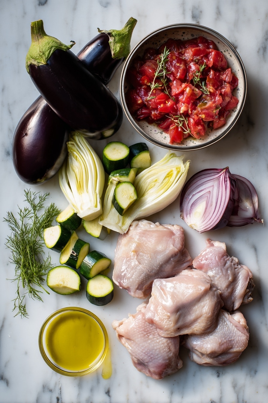 Flat lay of glossy aubergine chunks, vibrant green courgette pieces, pale fennel wedges with feathery fronds, sliced deep red onion rings, plump raw chicken thighs with skin on, two peeled garlic cloves, a glossy tin of rich chopped tomatoes with a few fresh oregano sprigs, and a small pool of golden olive oil artfully drizzled nearby, all arranged on a white marble surface, photo taken with an iphone --ar 2:3 --v 7 - Mediterranean Chicken Stew, Mediterranean chicken stew recipe, healthy Mediterranean chicken stew, flavorful chicken stew, easy Mediterranean stew