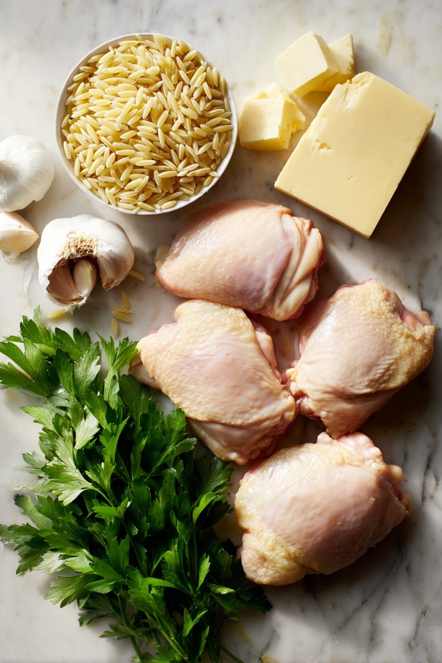 Flat lay of golden boneless chicken thighs, small uncooked orzo pasta, peeled garlic cloves, chunks of unsalted butter, fresh bright green parsley leaves, and shavings of creamy parmesan cheese, all beautifully arranged with rustic textures and warm natural light, placed on a white marble surface, photo taken with an iphone --ar 2:3 --v 7 - One Pot Garlic Butter Chicken and Orzo, garlic butter chicken recipe, easy one pot chicken dinner, creamy chicken and orzo, quick weeknight chicken meal