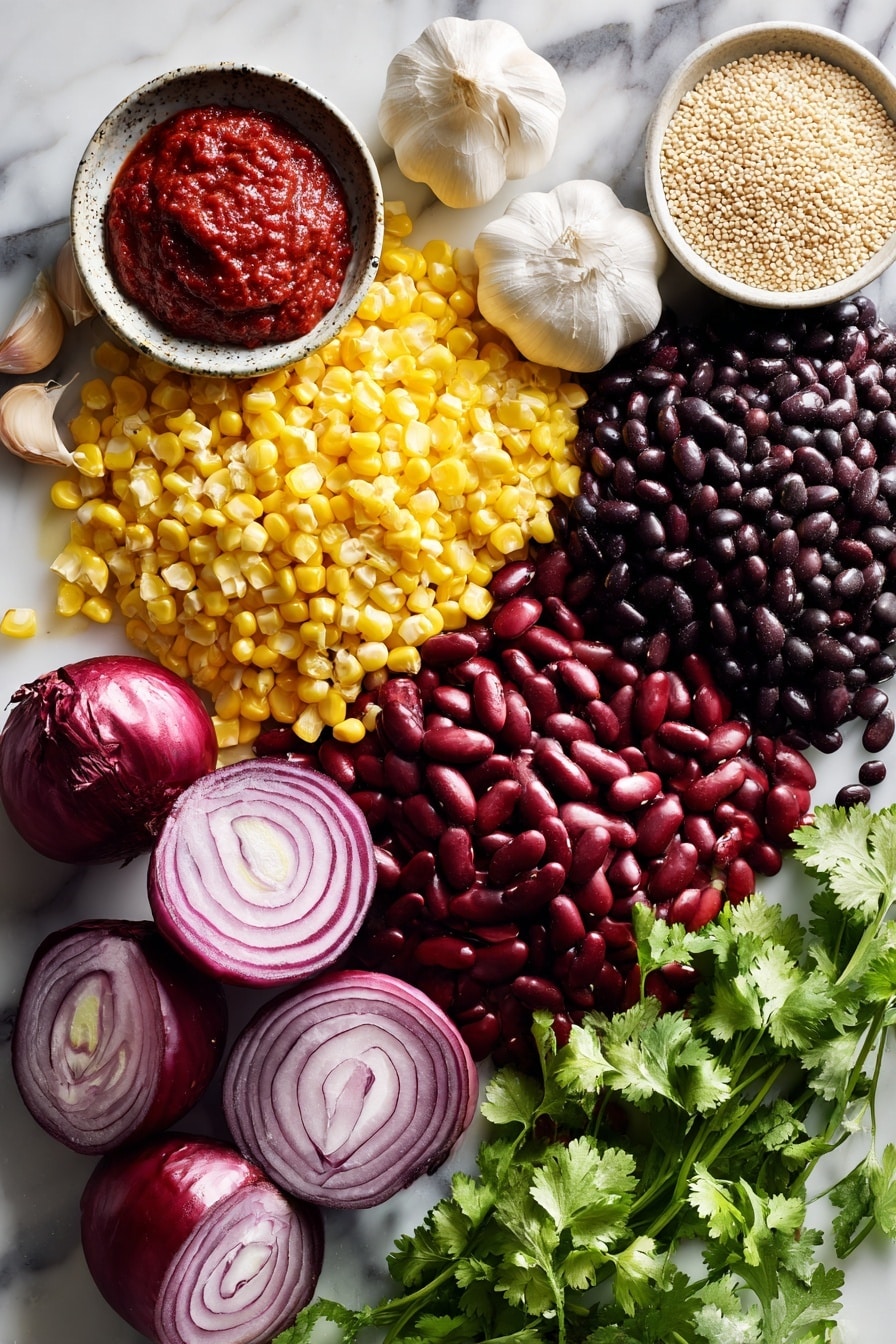 Flat lay of vibrant red onion halves, bright yellow corn kernels, shiny red kidney beans, deep black beans, fluffy dry quinoa grains, peeled garlic cloves, fresh green cilantro sprigs with leaves and stems, and a small dish of rich red tomato paste, all beautifully arranged on a white marble surface, photo taken with an iphone --ar 2:3 --v 7 - Slow Cooker Vegan Bean & Quinoa Chili, vegan chili recipe, easy vegan chili, healthy slow cooker dinner, plant-based chili