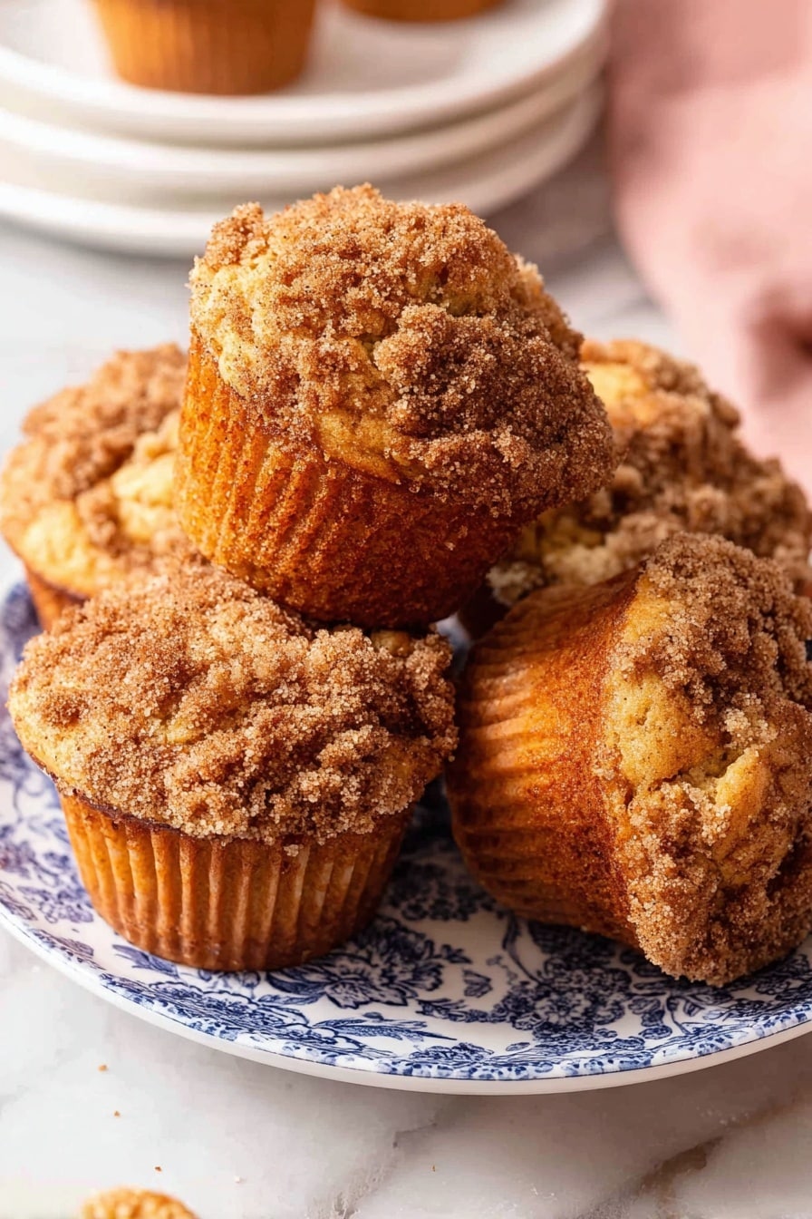 A group of crumb-topped muffins sits stacked on a white plate with blue patterns, showing uneven, golden-brown textured crumb layers on top that look crunchy and thick; the muffins themselves are a warm brown color with a slightly rough surface, and one muffin stands upright while others lean against each other, all resting on a white marbled surface with a blurred white plate and pink cloth nearby in the background. photo taken with an iphone --ar 2:3 --v 7 - Apple Muffins, apple muffin recipe, homemade apple muffins, cinnamon apple muffins, easy muffin recipes