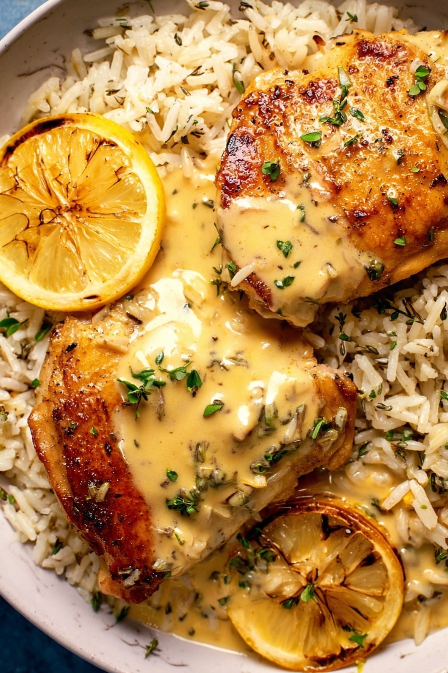 The image shows two golden brown cooked chicken pieces on top of a bed of mixed white and wild rice. One chicken piece is partially covered by a creamy light yellow sauce with small bits of onion and fresh green herbs scattered on top. Two lemon slices with slightly charred edges rest on the rice beside the chicken. The dish is placed on a white plate sitting on a white marbled surface. The texture of the rice is fluffy with some grains visible around the edges, and the chicken skin looks crispy with a slight shine. photo taken with an iphone --ar 2:3 --v 7 - Slow Cooker Creamy Lemon Herb Chicken, easy lemon chicken recipe, healthy slow cooker chicken, flavorful lemon herb chicken, fuss-free dinner ideas