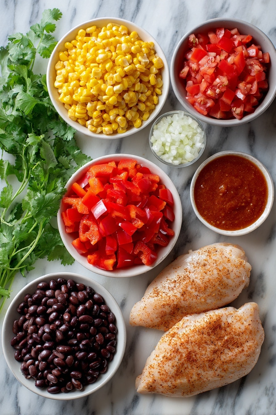 Flat lay of boneless skinless chicken breasts seasoned with chili powder and cumin, vibrant red bell pepper finely diced, bright yellow frozen corn kernels, glossy black beans, diced red tomatoes, a small bowl of deep red enchilada sauce, and a handful of finely diced white onion, all beautifully arranged with fresh green cilantro leaves scattered around, placed on a white marble surface, photo taken with an iphone --ar 2:3 --v 7 - Slow Cooker Chicken Enchilada Soup, chicken enchilada soup, easy enchilada soup, comforting soup recipes, make-ahead chicken soup