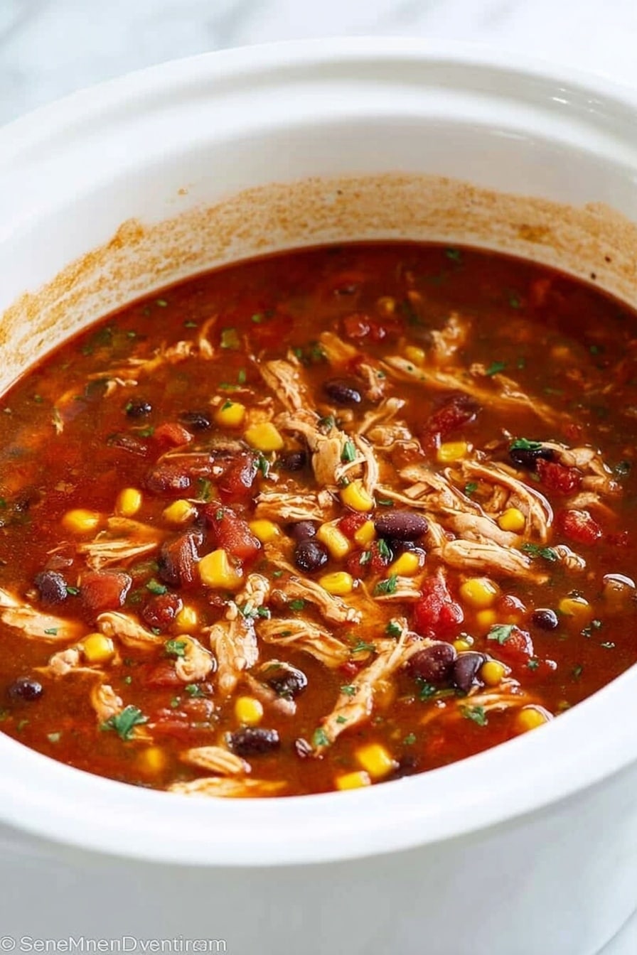 A white slow cooker filled with a thick, red-brown soup that has visible layers of shredded light brown chicken, yellow corn kernels, black beans, and small pieces of red tomato. The soup looks hearty and stew-like with specks of green herbs floating on top, all sitting on a white marbled surface. The inside rim of the slow cooker is slightly stained with the soup’s color, adding to the homemade feel. Photo taken with an iphone --ar 2:3 --v 7 - Slow Cooker Chicken Enchilada Soup, chicken enchilada soup, easy enchilada soup, comforting soup recipes, make-ahead chicken soup