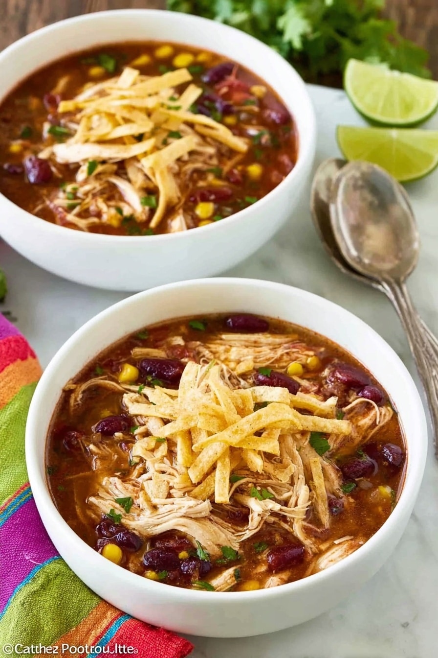 Two white bowls filled with a rich, thick soup layered with shredded light brown chicken pieces on top. The soup base is dark reddish-brown with mixed textures of yellow corn, dark red kidney beans, and small green herbs scattered throughout. On top of each bowl is a layer of light golden crispy strips, adding a crunchy texture. The bowls sit on a white marbled surface with a partially visible colorful striped cloth and two silver spoons next to one bowl. To the side, there are slices of bright green lime and some fresh green herbs nearby. photo taken with an iphone --ar 2:3 --v 7 - Slow Cooker Chicken Enchilada Soup, chicken enchilada soup, easy enchilada soup, comforting soup recipes, make-ahead chicken soup