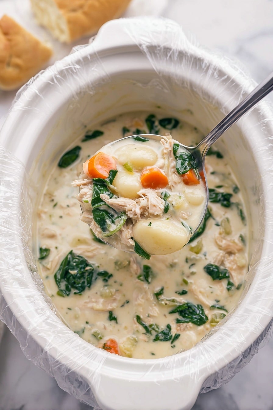 A white slow cooker bowl lined with a clear plastic liner holds a creamy soup filled with chunks of white beans, orange carrot pieces, green leafy vegetables, and shredded white meat, all in a thick white creamy broth. A metal spoon scoops some soup from the bowl, showing a mix of ingredients clearly with soft textures and mild colors. To the side, slices of golden brown bread rest on a white marbled surface along with a blue and white striped cloth. A box of Reynolds Kitchens Slow Cooker Liners is partially visible near the top left corner. photo taken with an iphone --ar 2:3 --v 7 - Slow Cooker Chicken Gnocchi Soup, hearty chicken gnocchi soup, creamy slow cooker soup, easy chicken gnocchi recipe, cozy comfort food