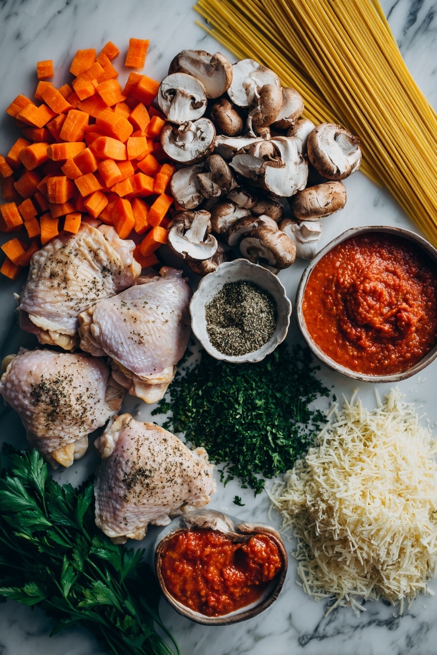 Flat lay of fresh chicken thighs with skin removed, bright orange diced carrot, quartered cremini mushrooms, a heap of chopped Italian parsley, a rich swirl of San Marzano crushed tomatoes, a spoonful of bright red tomato paste, sprigs of dried oregano and basil, and a small pile of shredded Parmesan cheese, all beautifully arranged on a white marble surface, photo taken with an iphone --ar 2:3 --v 7 - Slow Cooker Chicken Cacciatore, Italian chicken slow cooker, Easy chicken cacciatore recipe, Crockpot chicken dinner, flavorful Italian chicken