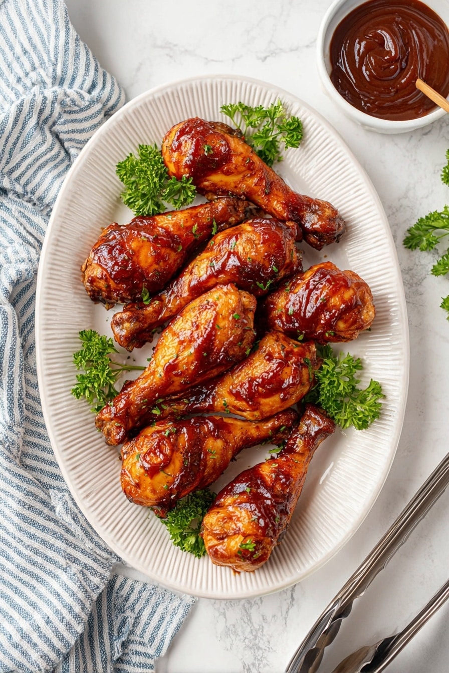 A white plate with raised ridges holds nine shiny, brown glazed chicken drumsticks arranged in three rows, each drumstick showing a sticky, glazed texture. Bright green parsley leaves are placed between the drumsticks for color contrast. To the right of the plate is a small white bowl filled with thick, dark reddish-brown dipping sauce, with some sauce swirls visible. The plate sits on a white marbled surface with a blue-and-white striped cloth in the lower left corner and two metal serving tongs on the right. photo taken with an iphone --ar 2:3 --v 7 - Incredible Slow Cooker Drumsticks, easy slow cooker chicken recipes, 4-ingredient chicken dinner, juicy slow cooker drumsticks, simple slow cooker chicken legs