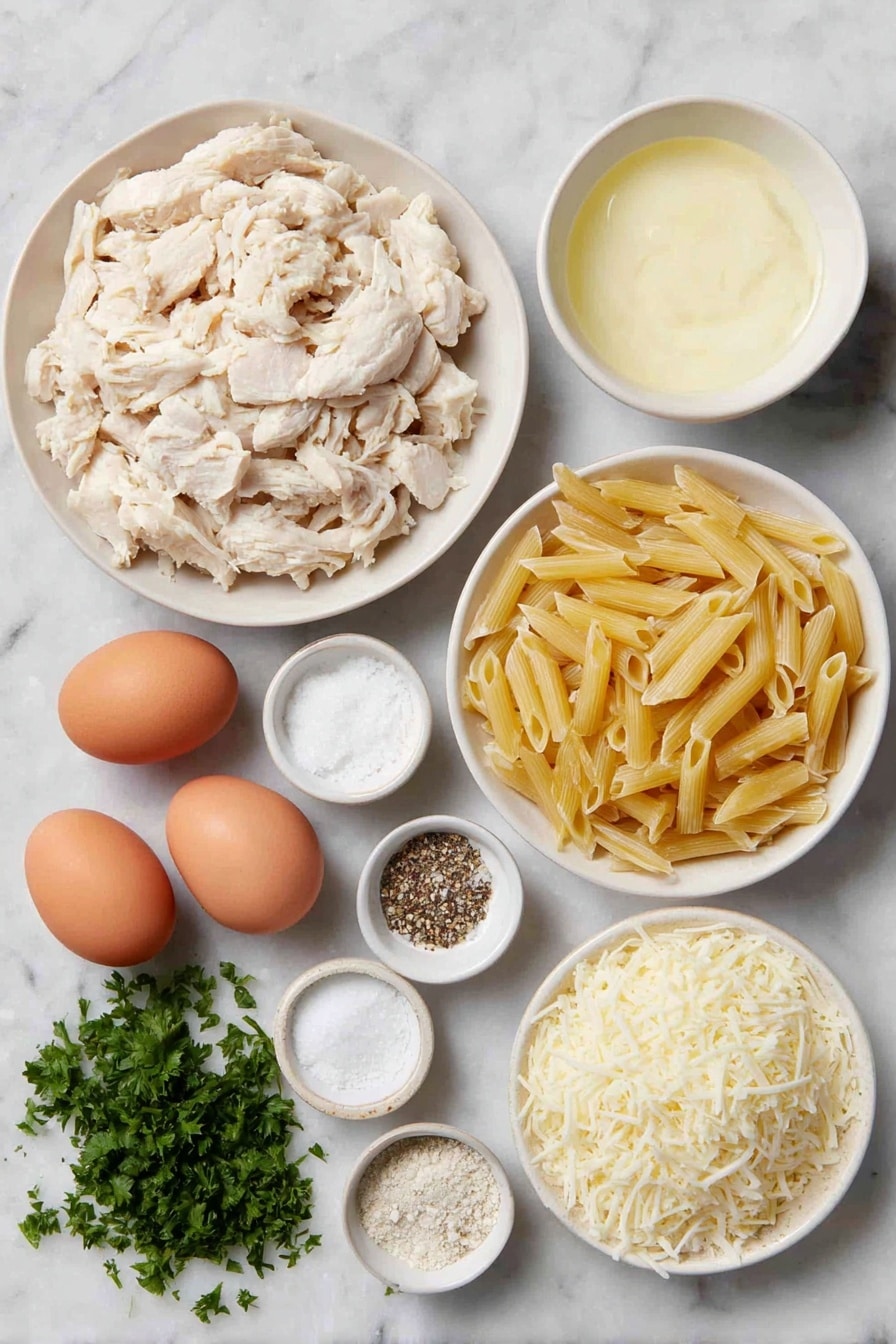 Flat lay of a few boneless skinless chicken breasts cooked and shredded, a small mound of uncooked penne pasta, a small white bowl filled with creamy Alfredo sauce, a small white bowl of water, a small white bowl with minced garlic, two whole brown eggs with clean shells, a small white bowl of salt, a small white bowl of cracked black pepper, a generous pile of shredded mozzarella cheese, a smaller pile of grated parmesan cheese, and a few fresh sprigs of chopped parsley, all arranged symmetrically in simple white ceramic bowls and plates, placed on a clean white marble surface, soft natural light, photo taken with an iPhone, professional food photography style, fresh ingredients, white ceramic bowls, no bottles, no duplicates, no utensils, no packaging --ar 2:3 --v 7 --p awthu7i m7354615311229779997 - Crock Pot Chicken Alfredo Casserole, creamy chicken pasta bake, easy slow cooker chicken dinner, cheesy chicken casserole, one-pot crockpot chicken recipe