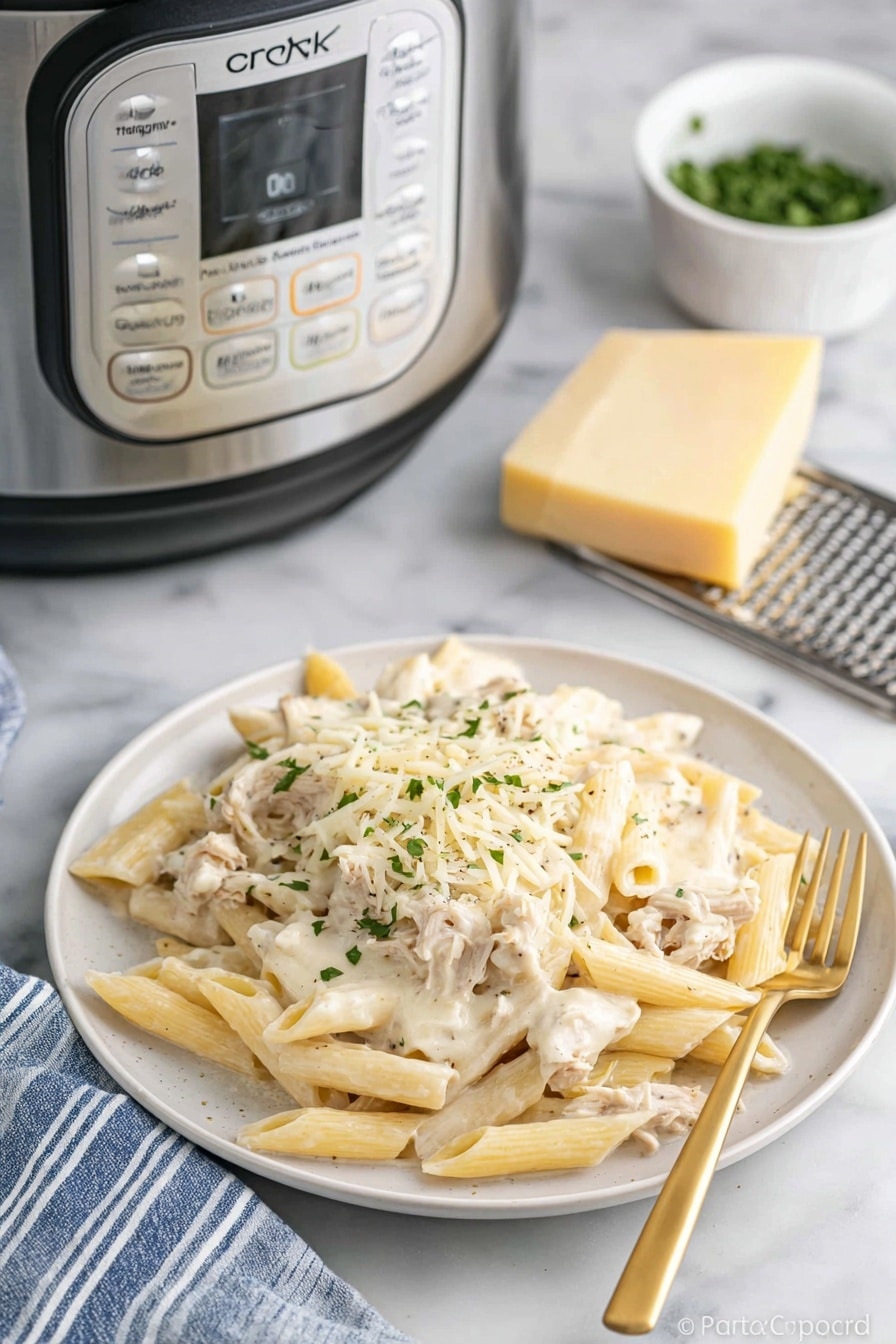 A white plate holds one layer of light beige cooked penne pasta, topped with a thick layer of creamy white sauce mixed with shredded white meat and some small black specks, likely black pepper. The top layer consists of melted pale yellow cheese sprinkled with small green herb leaves. The plate sits on a white marbled surface next to a gold fork. Behind the plate, there is a stainless steel slow cooker with a digital display, a small white bowl with green herbs, and a small metal grater holding a block of pale yellow cheese. A folded blue and white striped cloth is on the left side. Photo taken with an iphone --ar 2:3 --v 7 - Crock Pot Chicken Alfredo Casserole, creamy chicken pasta bake, easy slow cooker chicken dinner, cheesy chicken casserole, one-pot crockpot chicken recipe