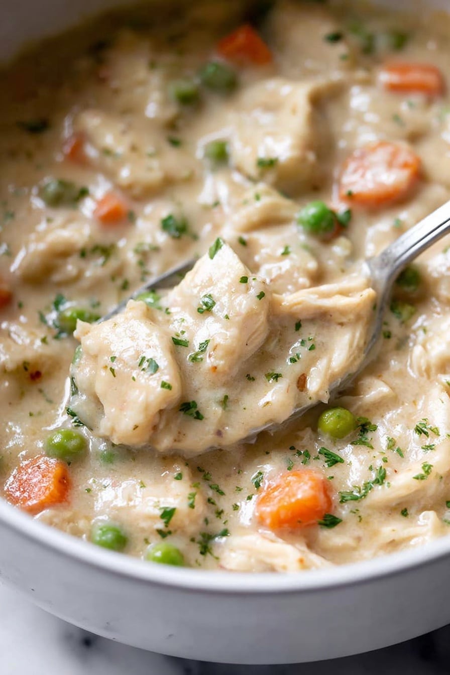 This image shows a close-up view of a creamy chicken and vegetable stew in a white bowl on a white marbled surface. The dish has one main thick layer made of a creamy light beige sauce with tender small chunks of white chicken mixed into it. Scattered throughout the layer are bright orange carrot cubes and light green peas, adding bursts of color and texture. A shiny metal spoon is partially visible within the stew, lifting some of the stew to show the thick texture. Small bits of green parsley are sprinkled on top, giving the dish a fresh appearance. The lighting highlights the creamy and smooth sauce, making the dish look rich and warm. Photo taken with an iphone --ar 2:3 --v 7 - Crock Pot Chicken and Dumplings, slow cooker chicken and dumplings, easy comfort food recipe, hearty chicken dish, homemade chicken dumplings