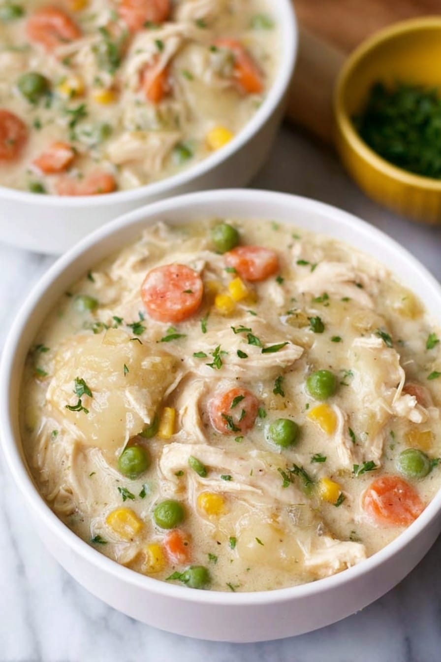 The image shows a white bowl filled with thick, creamy chicken and vegetable stew, placed on a white marbled surface. The dish has a base of pale creamy sauce with visible chunks of light shredded chicken, soft orange carrot pieces, bright green peas, yellow corn, and small bits of translucent onion, all mixed evenly. Small specks of green herbs are sprinkled on top for color and garnish. In the background, there is another white bowl with the same stew, slightly out of focus, and a blurred yellow bowl that appears to contain chopped green herbs. The photo taken with an iphone --ar 2:3 --v 7 - Crock Pot Chicken and Dumplings, slow cooker chicken and dumplings, easy comfort food recipe, hearty chicken dish, homemade chicken dumplings