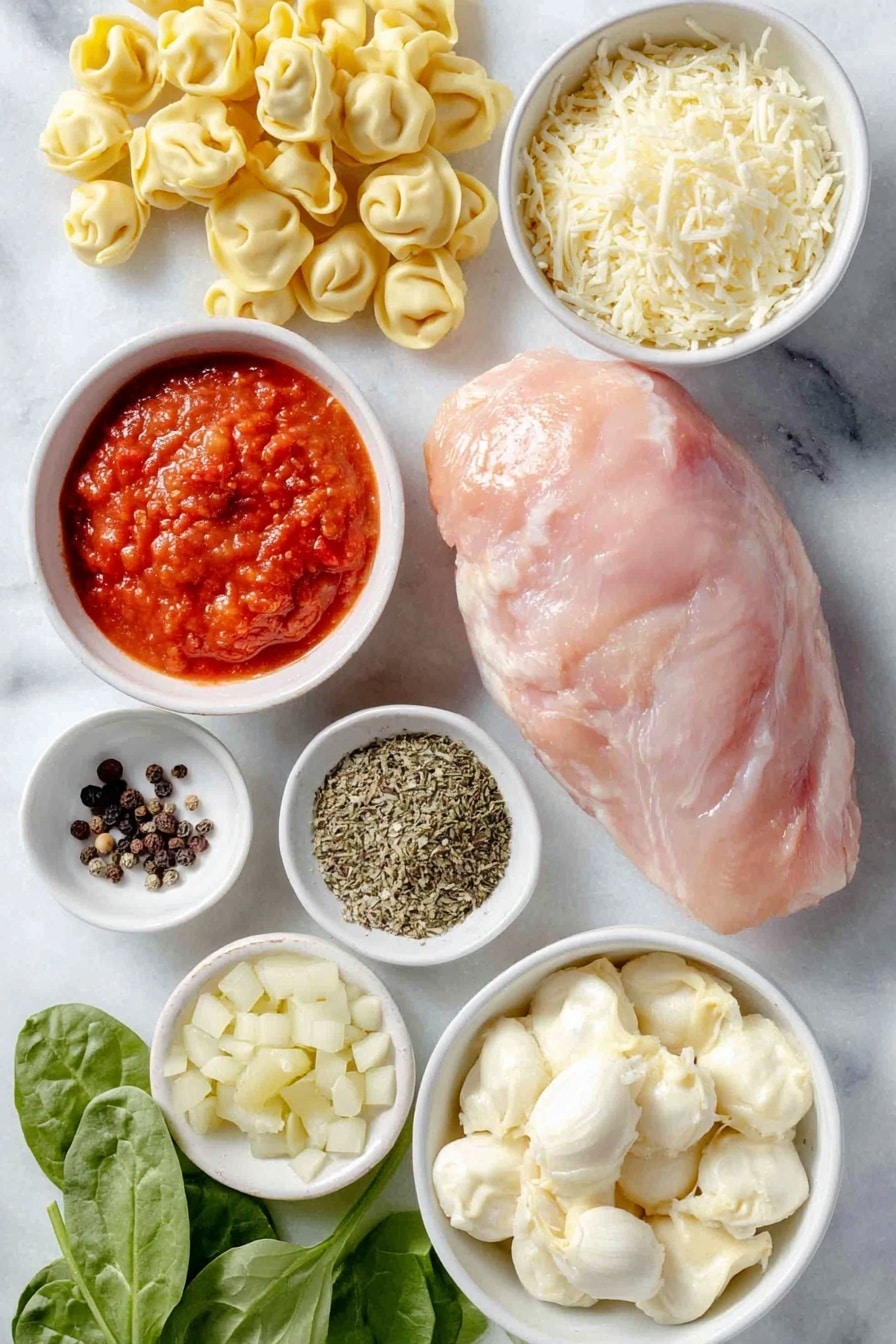 Flat lay of a whole raw boneless, skinless chicken breast, a small mound of diced yellow onion, three cloves of fresh garlic, a simple white bowl filled with rich red tomato paste, a white bowl with vibrant diced fresh tomatoes, a few whole black peppercorns scattered near a tiny pinch of coarse salt, a small pile of dried thyme, oregano, and Italian seasoning herbs, a small white bowl of pale golden cornstarch powder, a white bowl of creamy heavy cream, a portion of fresh cheese tortellini pasta, a small heap of finely shredded parmesan cheese, and a handful of fresh bright green baby spinach leaves all arranged symmetrically on a clean white marble surface, soft natural light, photo taken with an iPhone, professional food photography style, fresh ingredients, white ceramic bowls, no bottles, no duplicates, no utensils, no packaging --ar 2:3 --v 7 --p awthu7i m7354615311229779997 - Creamy Chicken Tortellini Soup, slow cooker tortellini soup, hearty chicken tortellini soup, easy crock pot tortellini, comforting chicken soup recipe