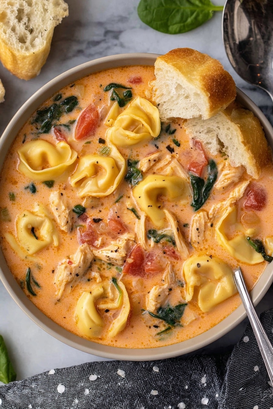 A bowl filled with creamy soup showing large, yellow tortellini pasta pieces floating in a light orange broth with bits of red tomatoes, shredded light brown chicken, and small green spinach leaves evenly mixed throughout. The bowl is held by two woman's hands above a white marbled surface with a gray cloth with white polka dots and torn pieces of crusty bread beside it. photo taken with an iphone --ar 2:3 --v 7 - Creamy Chicken Tortellini Soup, slow cooker tortellini soup, hearty chicken tortellini soup, easy crock pot tortellini, comforting chicken soup recipe