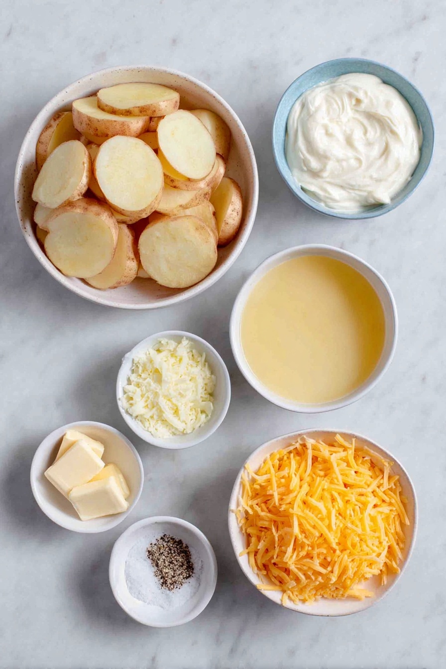 Flat lay of peeled russet potatoes sliced into thin rounds, a small white bowl of heavy whipping cream, a small white bowl with golden chicken broth, a small white bowl filled with minced fresh garlic, a small white bowl of shredded pale parmesan cheese, a small white bowl heaped with bright orange shredded cheddar cheese, a small white bowl each with coarse salt and freshly ground black pepper placed symmetrically, all arranged on a clean white marble surface, soft natural light, photo taken with an iPhone, professional food photography style, fresh ingredients, white ceramic bowls, no bottles, no duplicates, no utensils, no packaging --ar 2:3 --v 7 --p awthu7i m7354615311229779997 - Slow Cooker Scalloped Potatoes, cheesy scalloped potatoes, easy potato side dish, creamy potato casserole, effortless comfort food