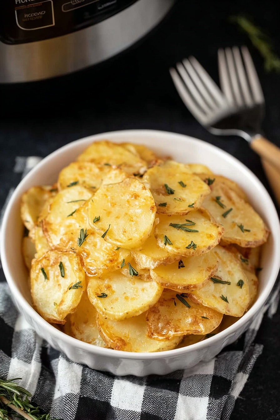 A white bowl filled with a one-layer pile of golden brown potato slices, each slice showing a slight crisp edge and a soft, cooked center, sprinkled with small bits of green herbs. The bowl sits on a dark surface with a black-and-white checkered cloth and two silver forks placed beside it. The background includes part of a metallic slow cooker. The photo taken with an iphone --ar 2:3 --v 7 - Slow Cooker Scalloped Potatoes, cheesy scalloped potatoes, easy potato side dish, creamy potato casserole, effortless comfort food