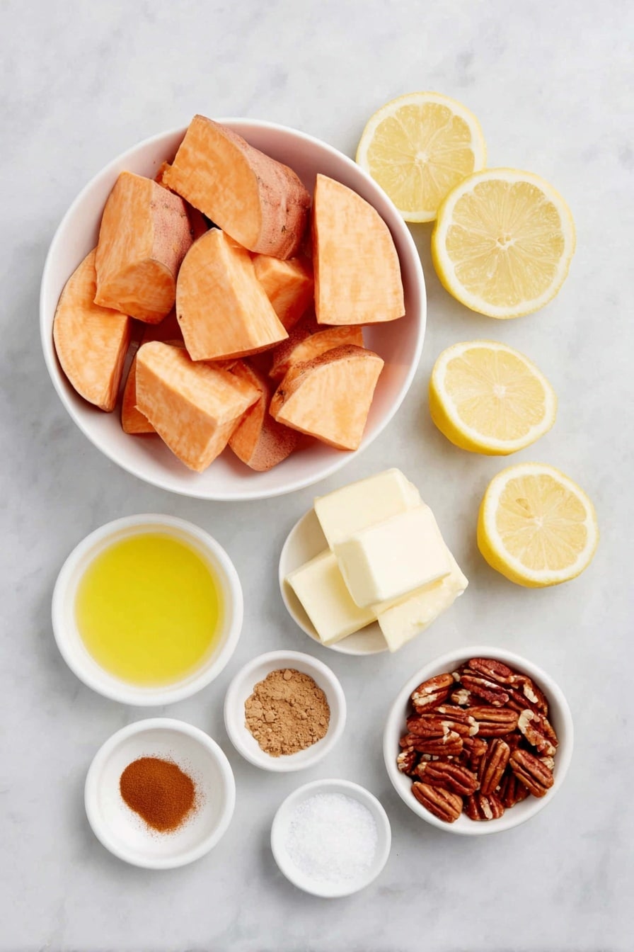 Flat lay of peeled sweet potato chunks, a small white bowl of water, a small white bowl of whole milk, four pieces of room temperature butter, a small white bowl of pure maple syrup, a few fresh lemon wedges with a small white bowl of lemon juice, a small white bowl of vanilla extract, a small white bowl of salt, a small white bowl of ground cinnamon, a small white bowl of ground nutmeg, a small white bowl of ground ginger, a small white bowl of toasted chopped pecans placed on a clean white marble surface, soft natural light, photo taken with an iPhone, professional food photography style, fresh ingredients, white ceramic bowls, no bottles, no duplicates, no utensils, no packaging --ar 2:3 --v 7 --p awthu7i m7354615311229779997 - Slow Cooker Sweet Potato Casserole with Maple and Toasted Pecans, sweet potato casserole, slow cooker sweet potato dish, holiday sweet potato recipe, easy Thanksgiving side