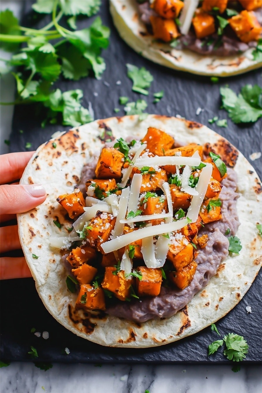 Three soft corn tortillas lie side by side on a black slate board over a white marbled surface. Each tortilla is spread with a layer of mashed purple beans, topped with an even layer of bright orange cubed roasted sweet potatoes mixed with small green herb bits. On top of these, thin strips of white cheese are scattered along with fresh green cilantro leaves. To the right of the board are more orange sweet potato cubes and a whole sweet potato, with sprigs of fresh cilantro nearby. A dark blue textured cloth is partially visible on the left side. photo taken with an iphone --ar 2:3 --v 7 - Black Bean Sweet Potato Tacos, vegetarian taco recipes, healthy taco ideas, quick dinner recipes, plant-based tacos