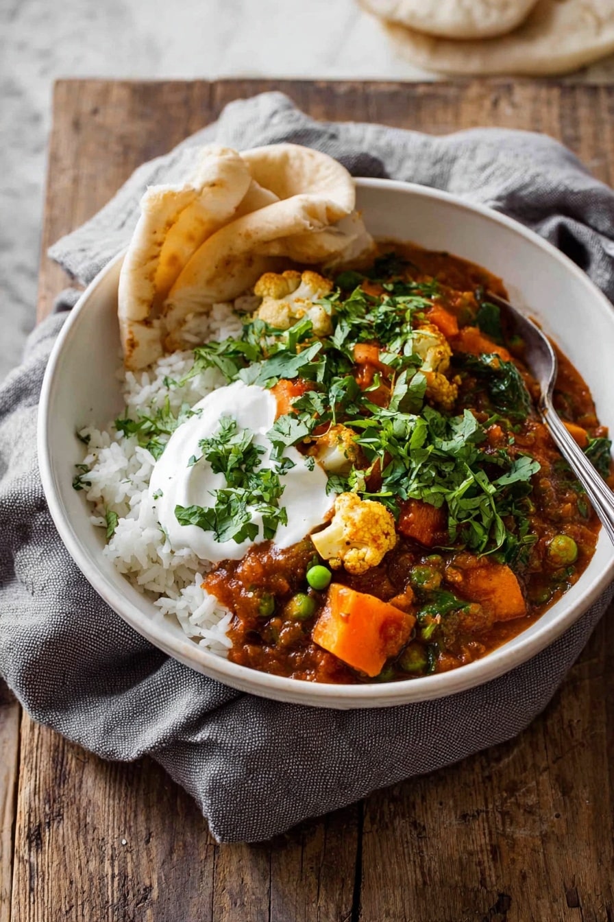 A white bowl sits on a gray cloth over a wooden table with a white marbled background. Inside the bowl, the bottom layer is plain steamed white rice. On top of the rice, there is a thick vegetable curry with visible chunks of orange sweet potatoes, cauliflower florets, green peas, and wilted spinach mixed in a rich brownish-red sauce. A dollop of white yogurt is placed on one side of the curry, and fresh green chopped herbs are sprinkled over the dish. Two folded pieces of white flatbread are tucked into the side of the bowl, leaning against the curry. A spoon rests inside the bowl, positioned towards the back. Photo taken with an iphone --ar 2:3 --v 7 - Vegetable Curry, Vegetable Curry Recipe, Vegan Vegetable Curry, Easy Vegetable Curry, Healthy Curry Dish